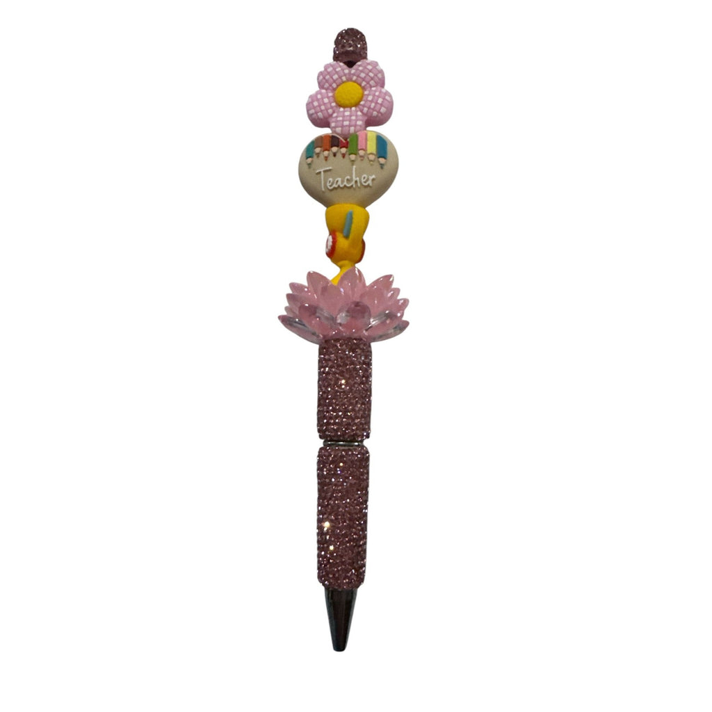 Teacher Appreciation Glitter Pen With Flower & Trophy Design - Pink Sparkle Handle - Cute Gift Idea For Teachers