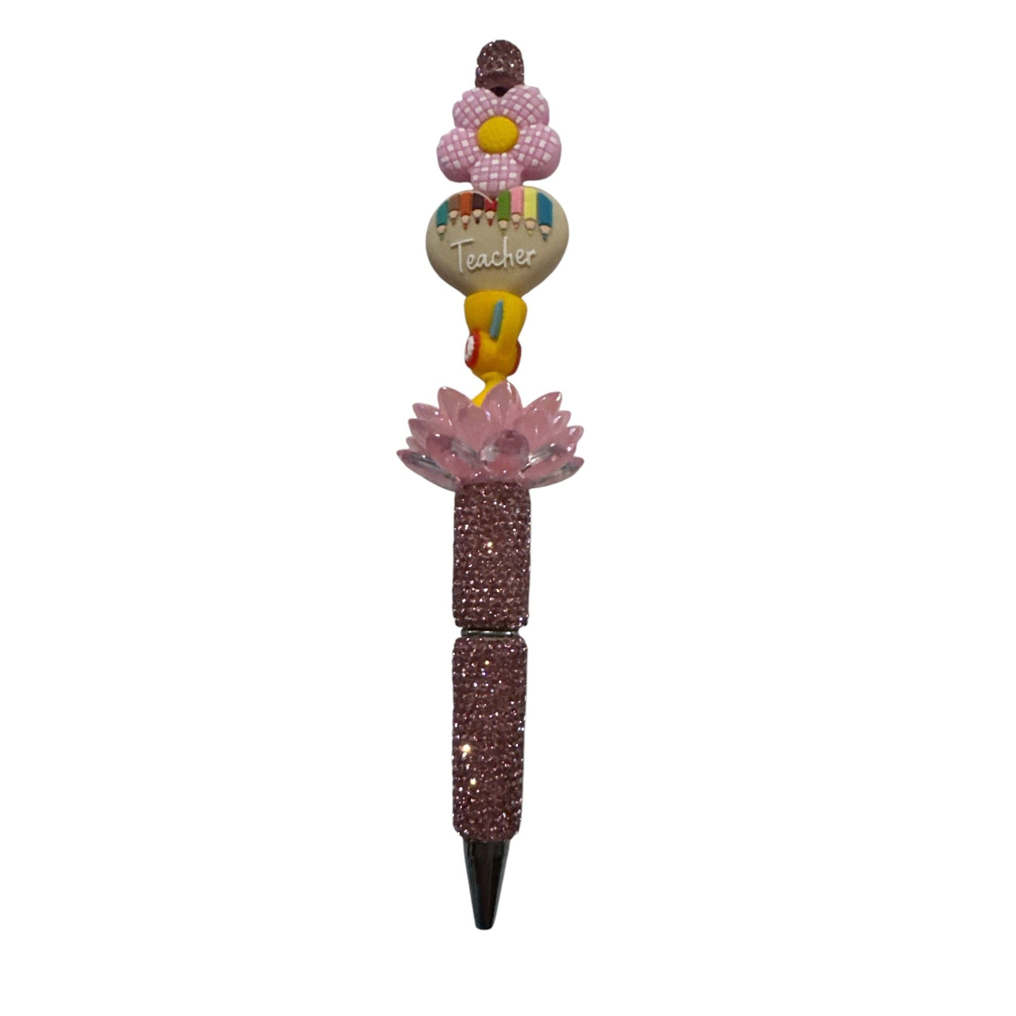 Teacher Appreciation Glitter Pen With Flower & Trophy Design - Pink Sparkle Handle - Cute Gift Idea For Teachers