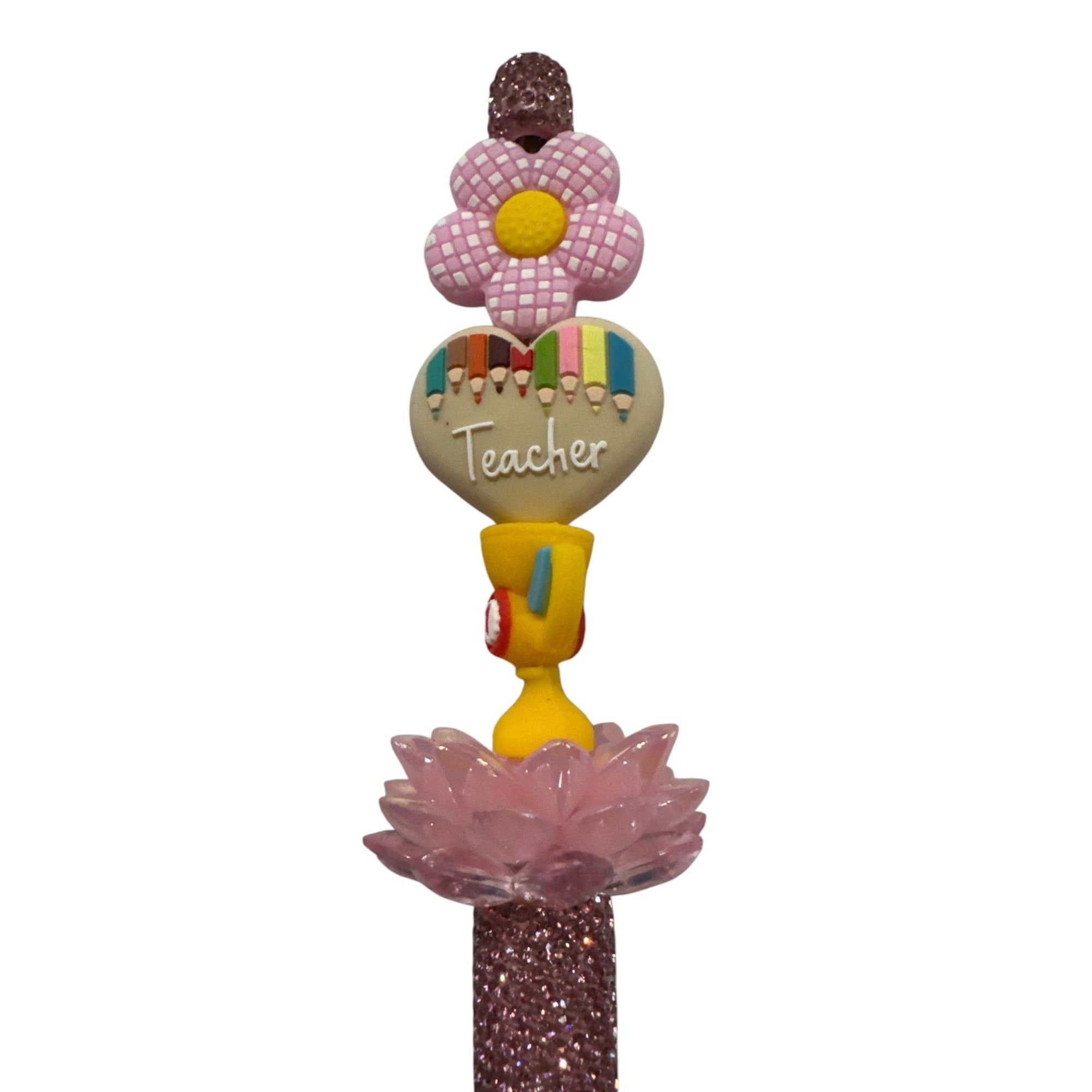 Teacher Appreciation Glitter Pen With Flower & Trophy Design - Pink Sparkle Handle - Cute Gift Idea For Teachers