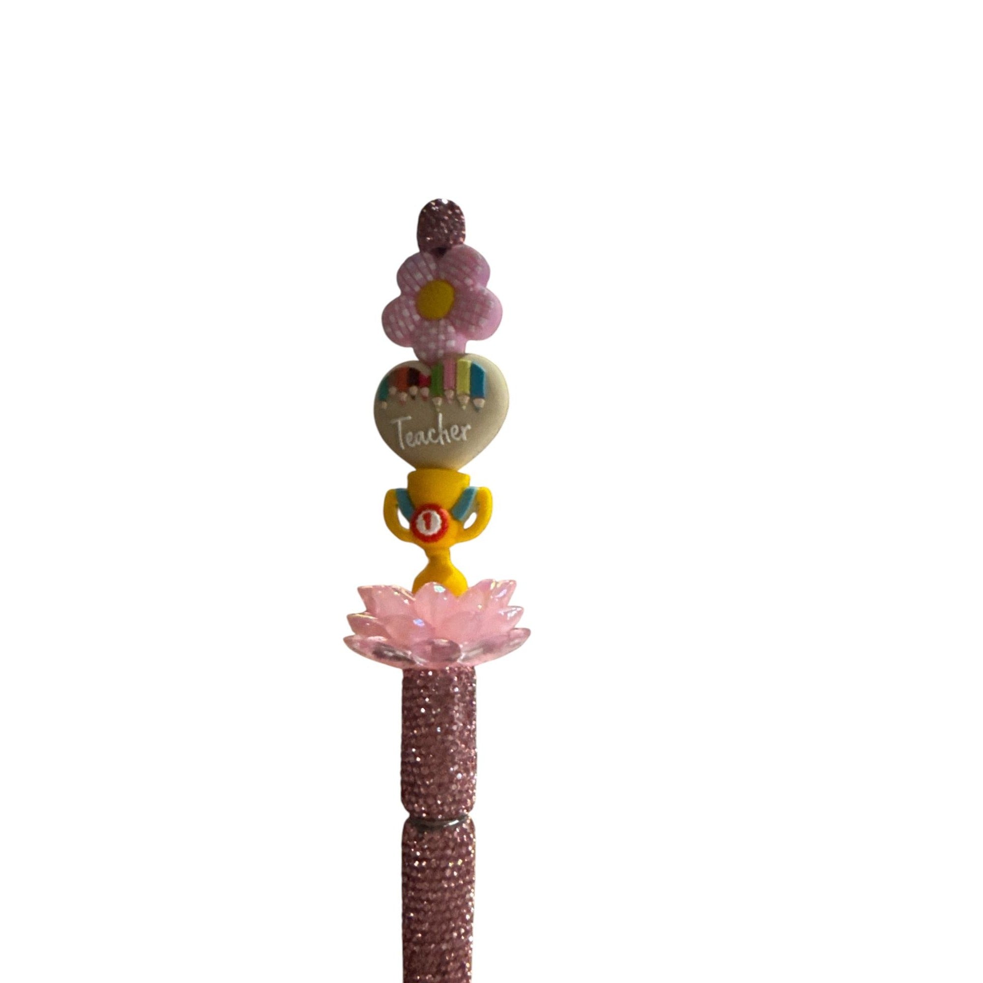 Teacher Appreciation Glitter Pen With Flower & Trophy Design - Pink Sparkle Handle - Cute Gift Idea For Teachers