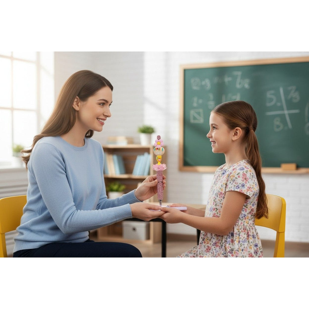 Teacher Appreciation Glitter Pen With Flower & Trophy Design - Pink Sparkle Handle - Cute Gift Idea For Teachers