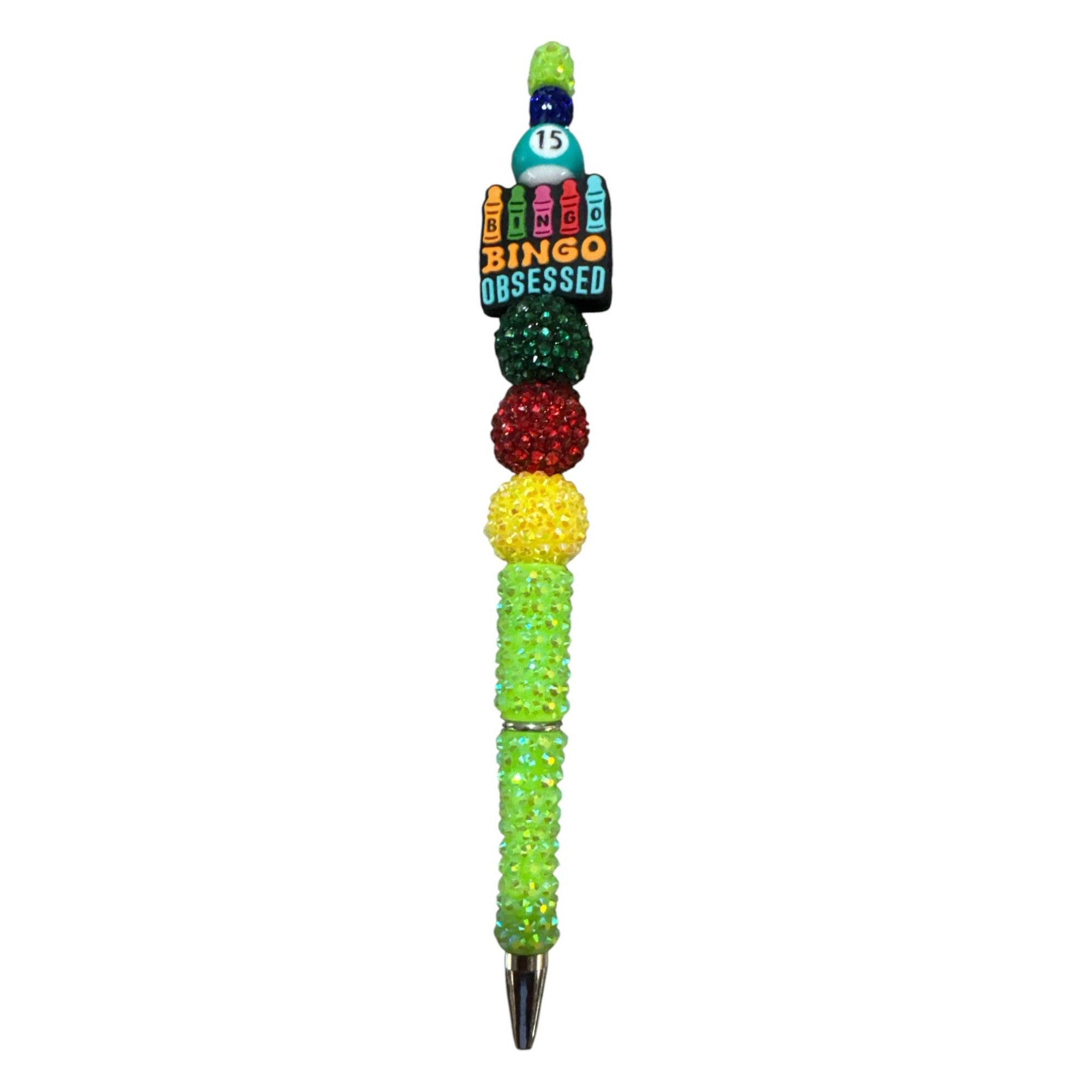 Bingo Obsessed Beaded Ballpoint Pen With Colorful Rhinestone Accents - Fun And Functional Writing Tool For Bingo Enthusiasts