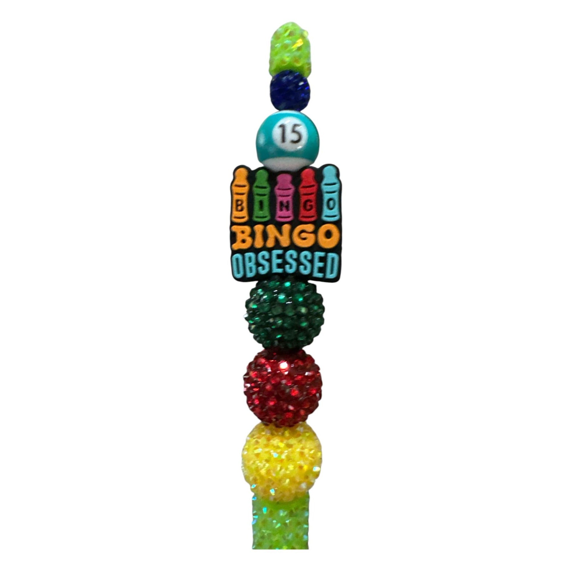Bingo Obsessed Beaded Ballpoint Pen With Colorful Rhinestone Accents - Fun And Functional Writing Tool For Bingo Enthusiasts
