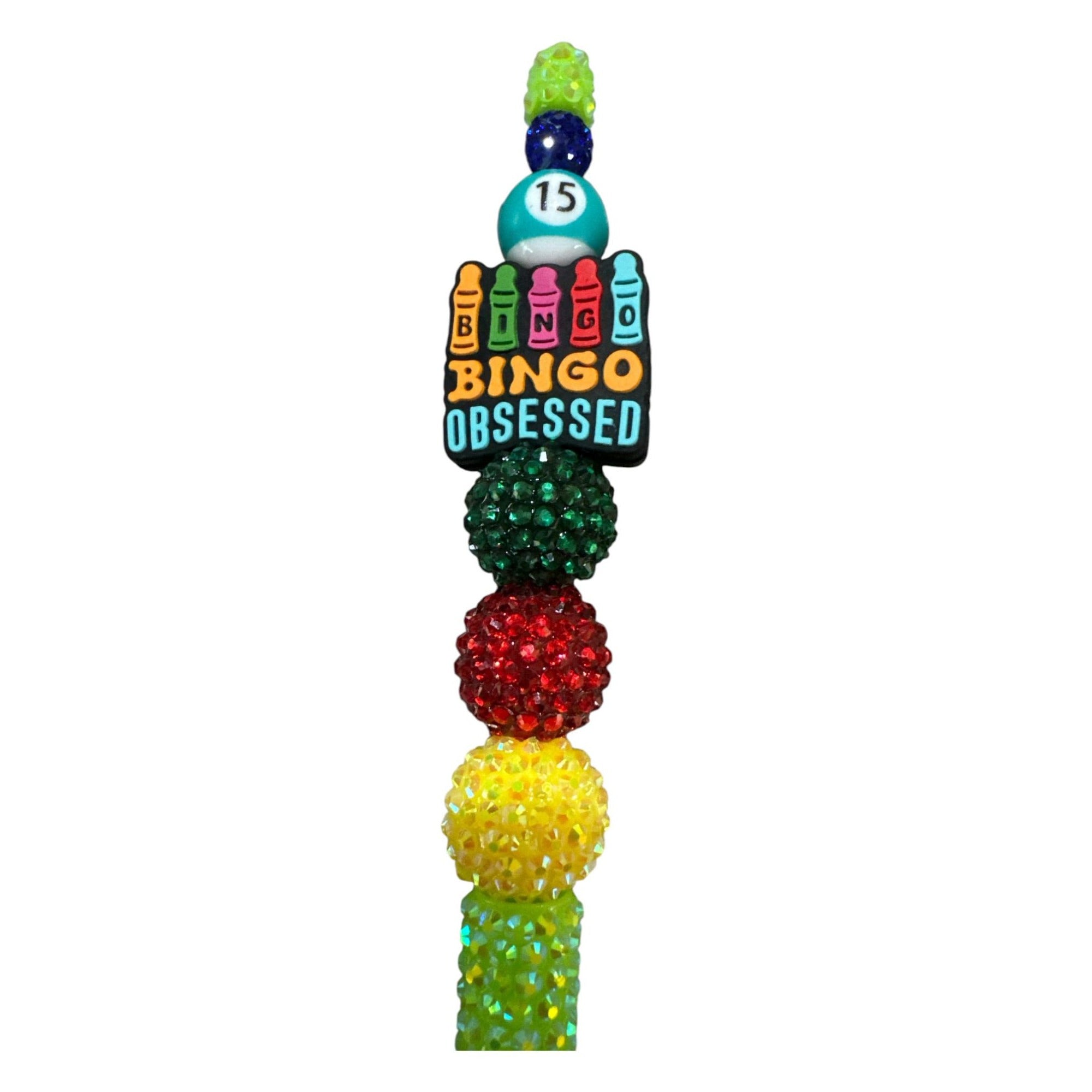 Bingo Obsessed Beaded Ballpoint Pen With Colorful Rhinestone Accents - Fun And Functional Writing Tool For Bingo Enthusiasts