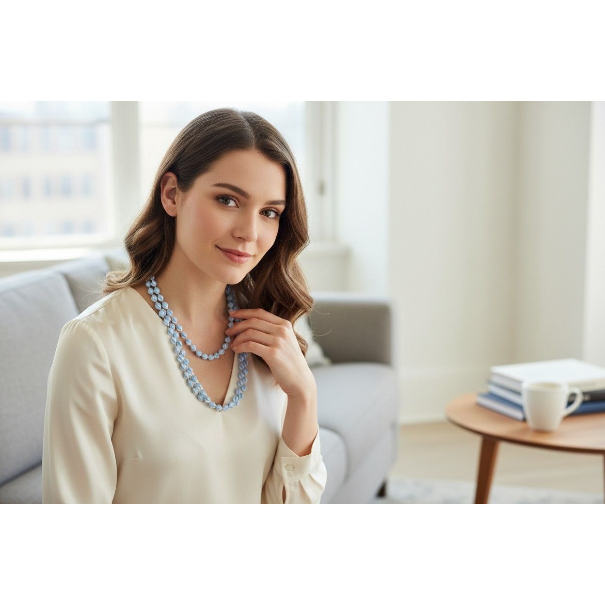 Light Blue Double-Strand Glass Bead Necklace Elegant Twisted Design 35-Inch Statement Jewelry For Women