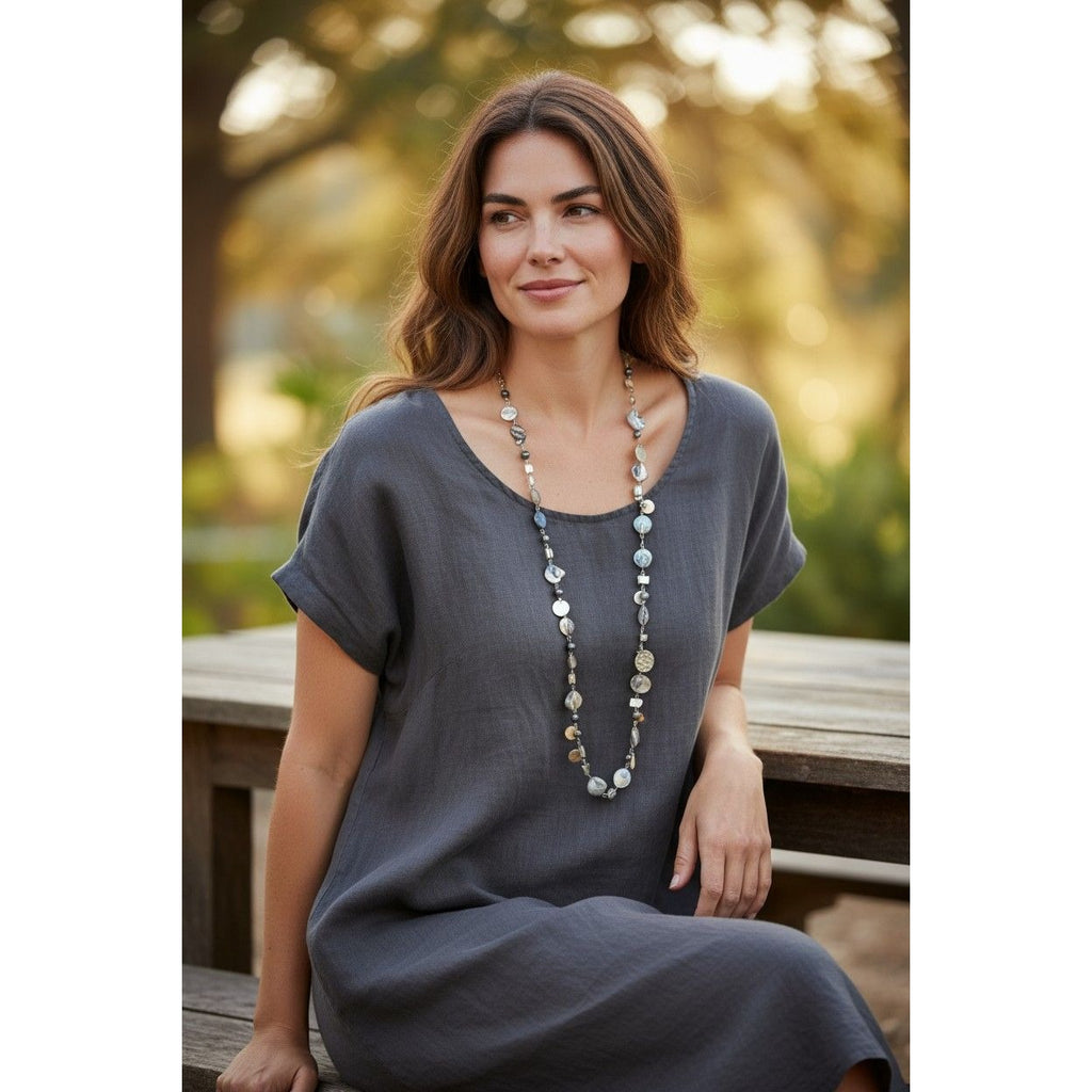 Shell & Bead Long Necklace With Natural Iridescent Finish And Metallic Accents