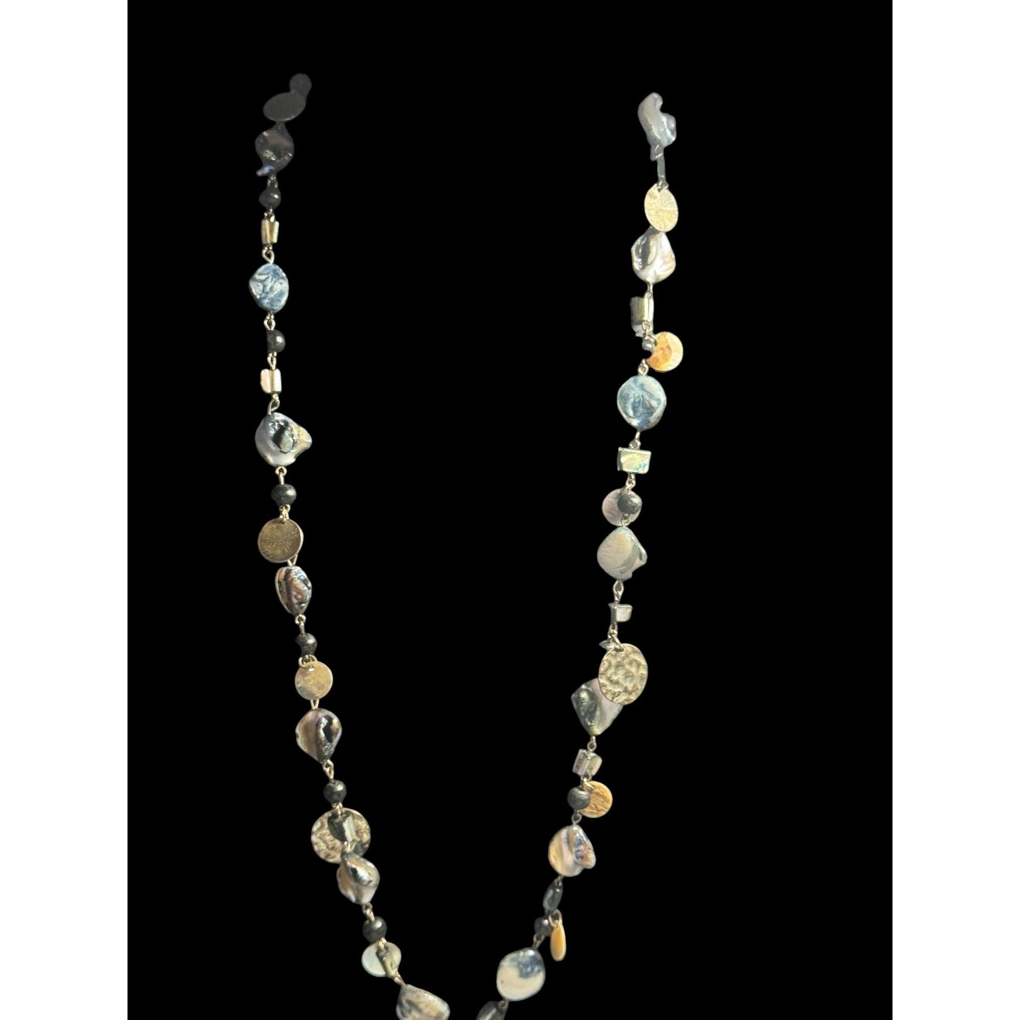 Shell & Bead Long Necklace With Natural Iridescent Finish And Metallic Accents
