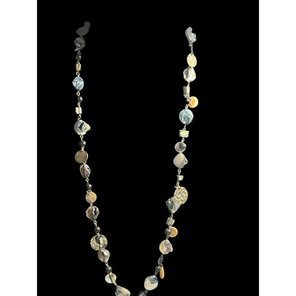 Shell & Bead Long Necklace With Natural Iridescent Finish And Metallic Accents