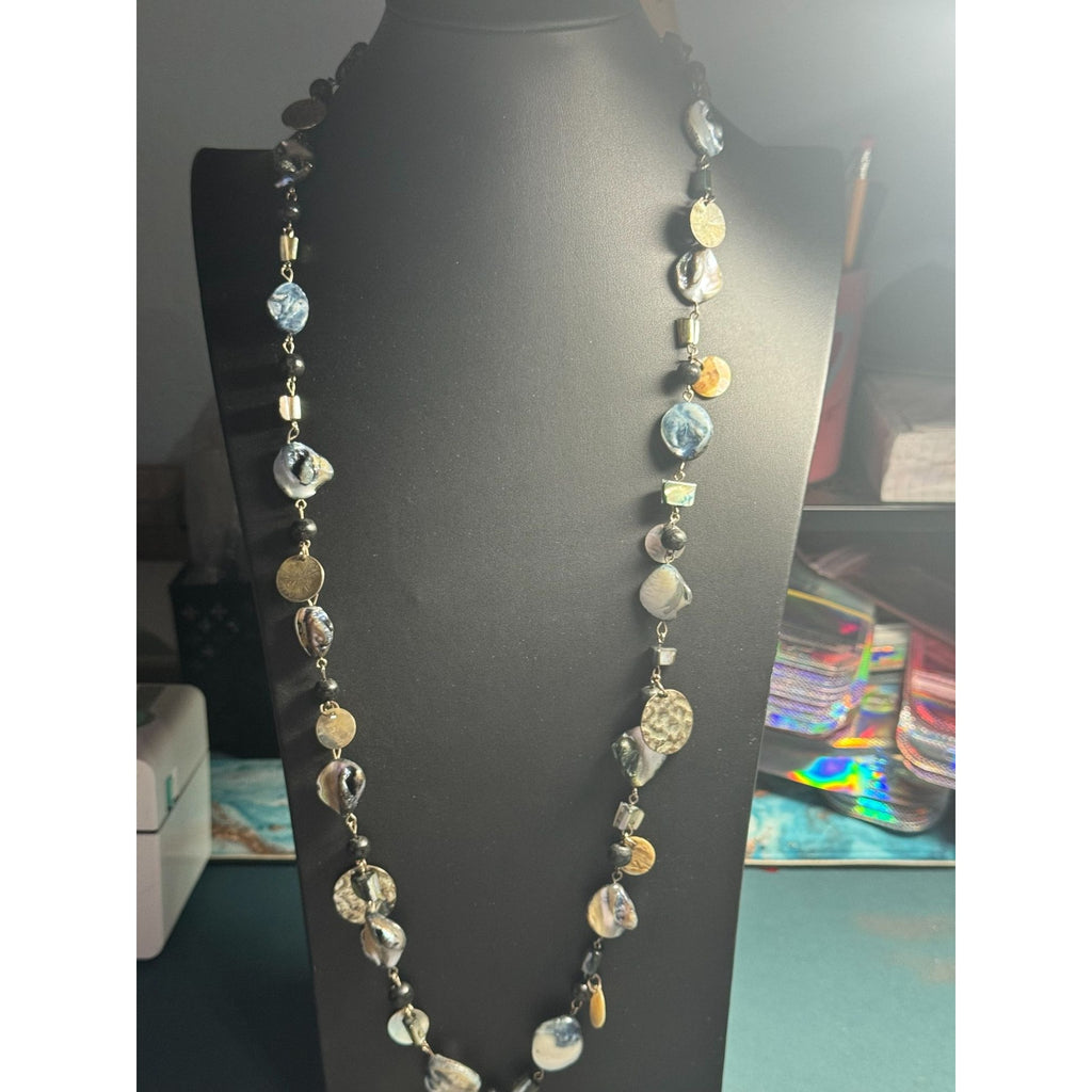 Shell & Bead Long Necklace With Natural Iridescent Finish And Metallic Accents