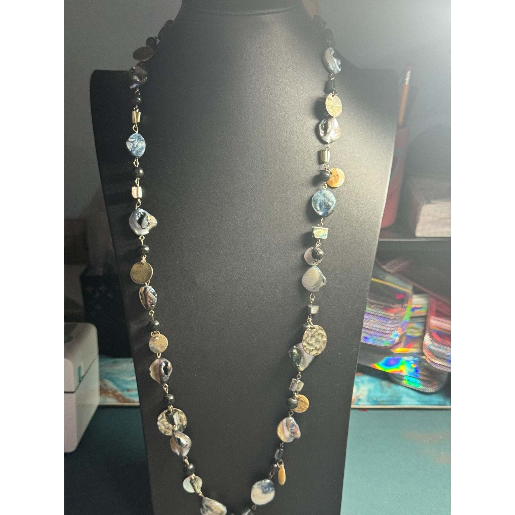 Shell & Bead Long Necklace With Natural Iridescent Finish And Metallic Accents