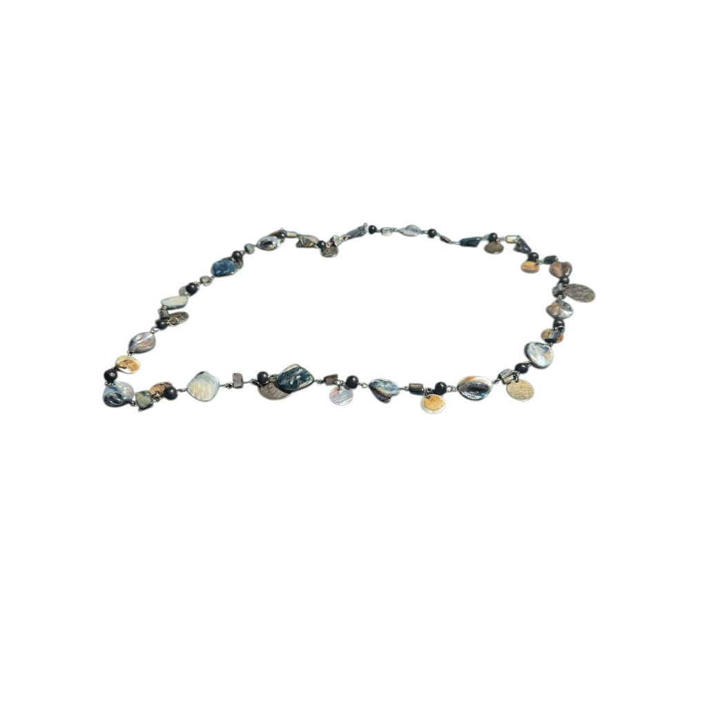 Shell & Bead Long Necklace With Natural Iridescent Finish And Metallic Accents