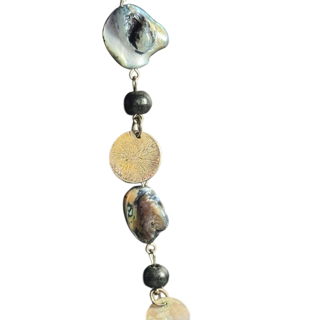 Shell & Bead Long Necklace With Natural Iridescent Finish And Metallic Accents