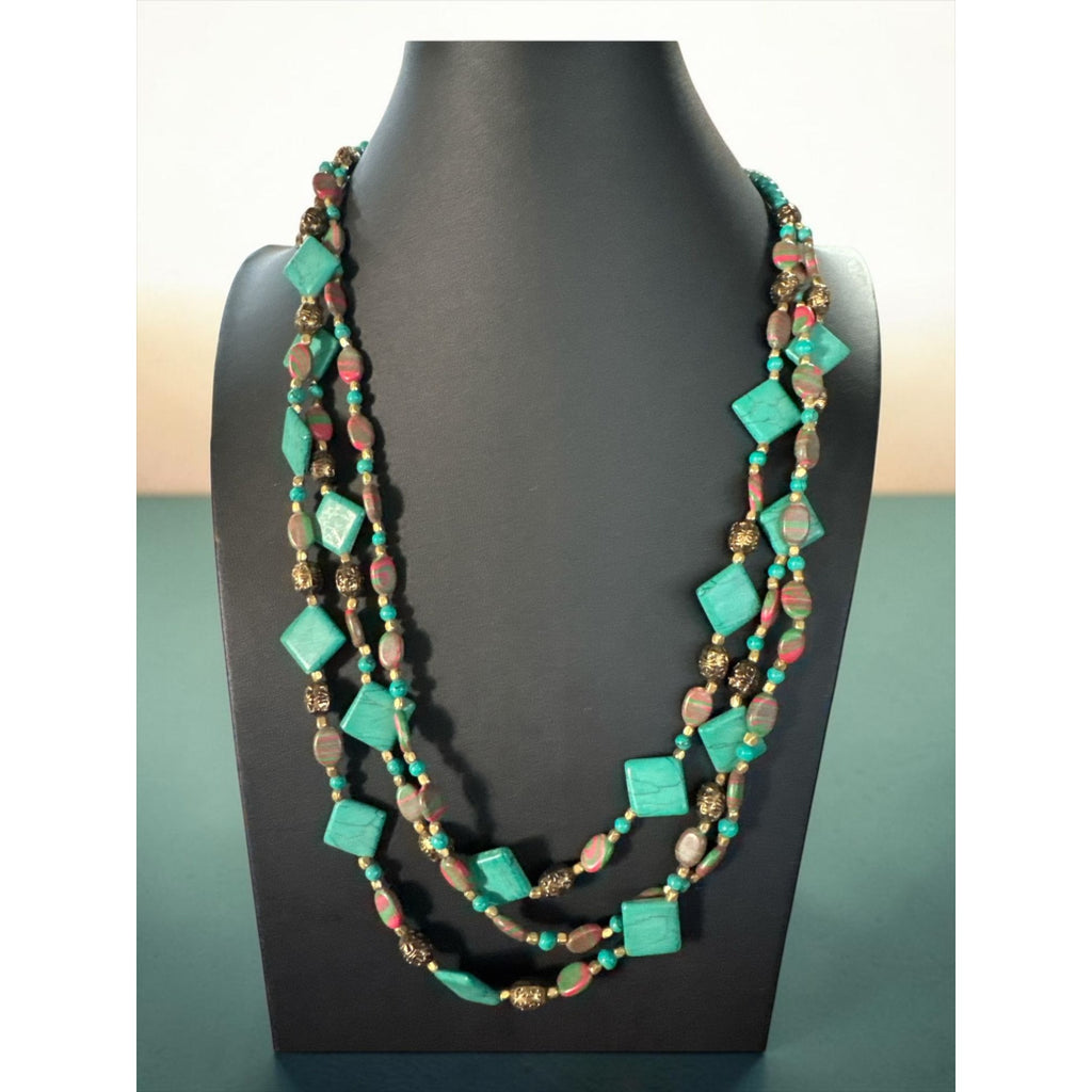 Multi-Strand Turquoise Pink Marbled Beaded Necklace, Gold Tone Accents, Boho Statement Layered Jewelry