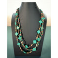 Multi-Strand Turquoise Pink Marbled Beaded Necklace, Gold Tone Accents, Boho Statement Layered Jewelry