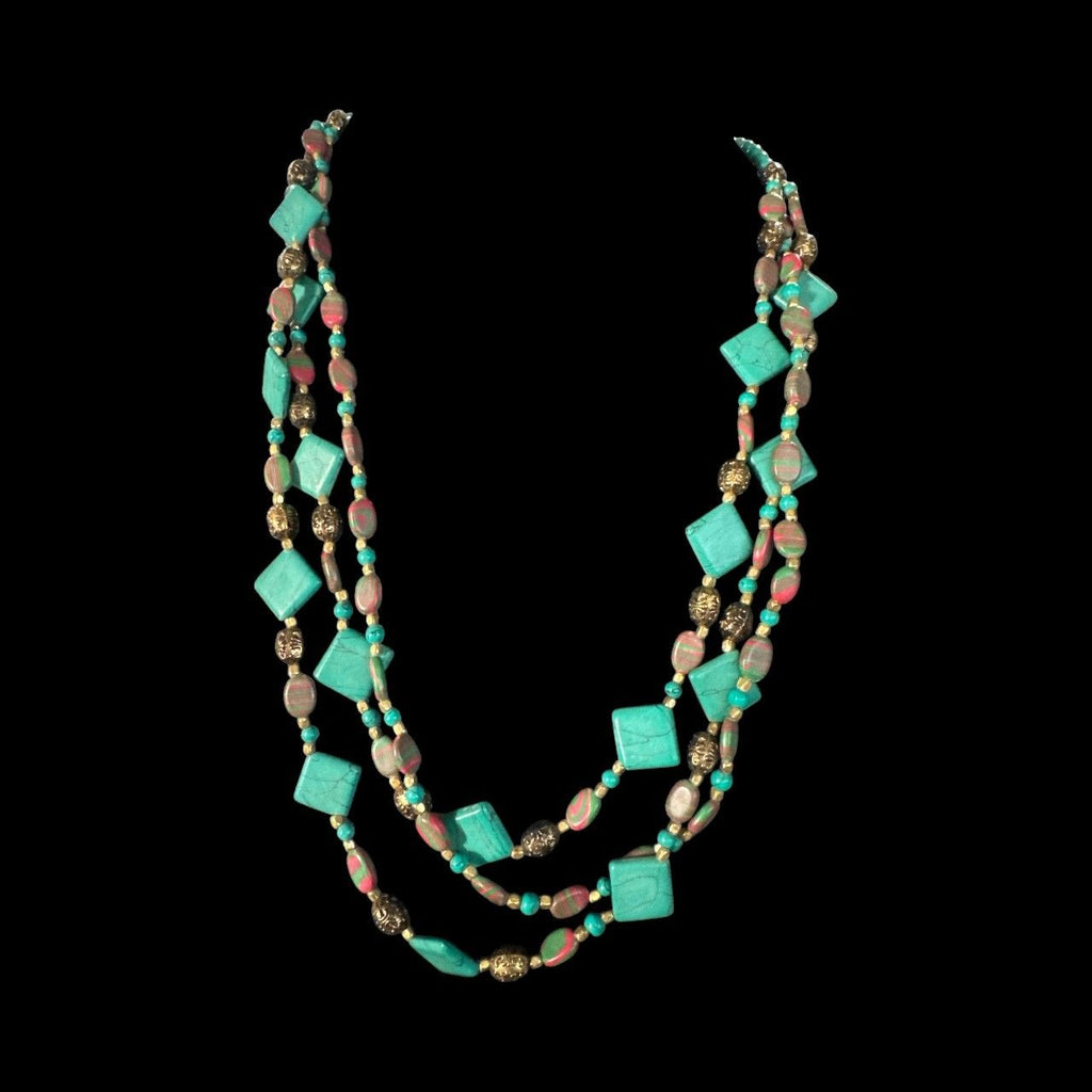 Multi-Strand Turquoise Pink Marbled Beaded Necklace, Gold Tone Accents, Boho Statement Layered Jewelry