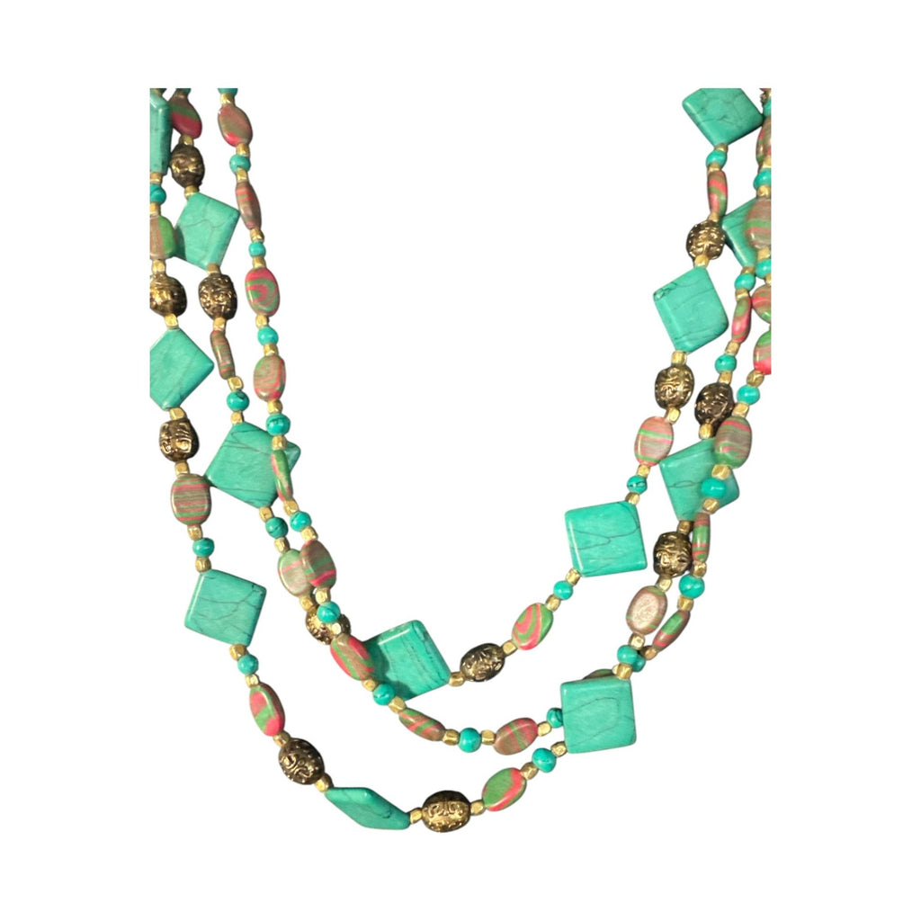 Multi-Strand Turquoise Pink Marbled Beaded Necklace, Gold Tone Accents, Boho Statement Layered Jewelry