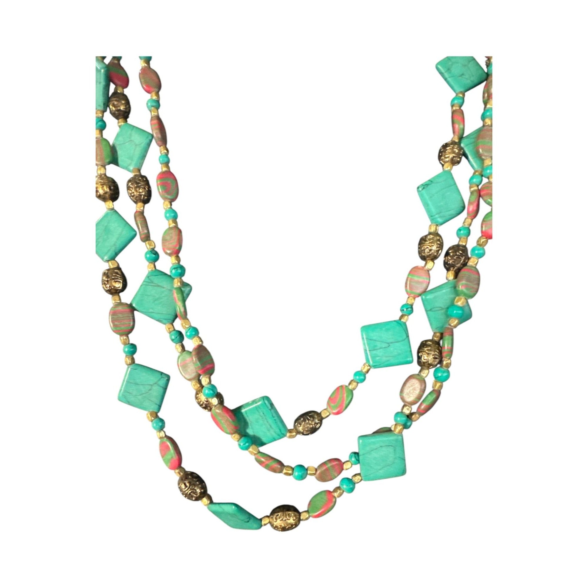 Multi-Strand Turquoise Pink Marbled Beaded Necklace, Gold Tone Accents, Boho Statement Layered Jewelry