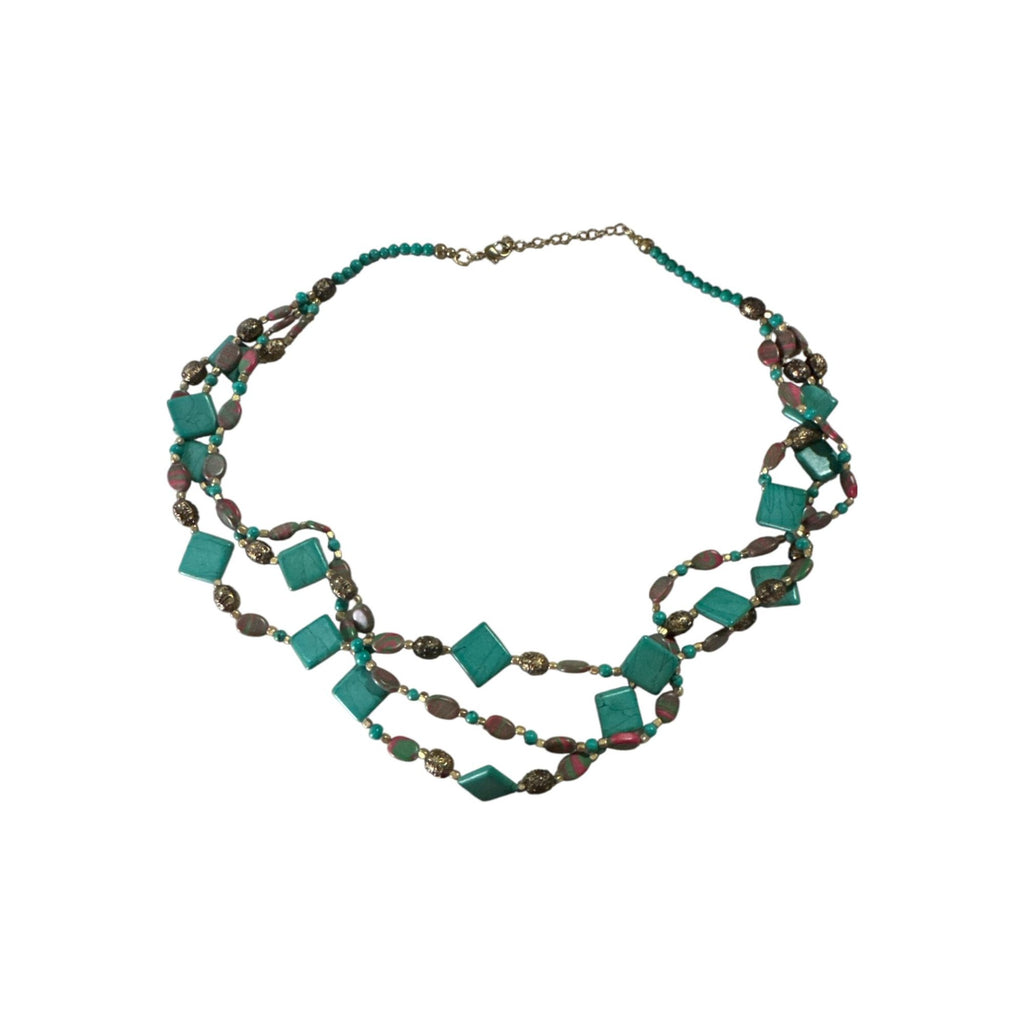 Multi-Strand Turquoise Pink Marbled Beaded Necklace, Gold Tone Accents, Boho Statement Layered Jewelry