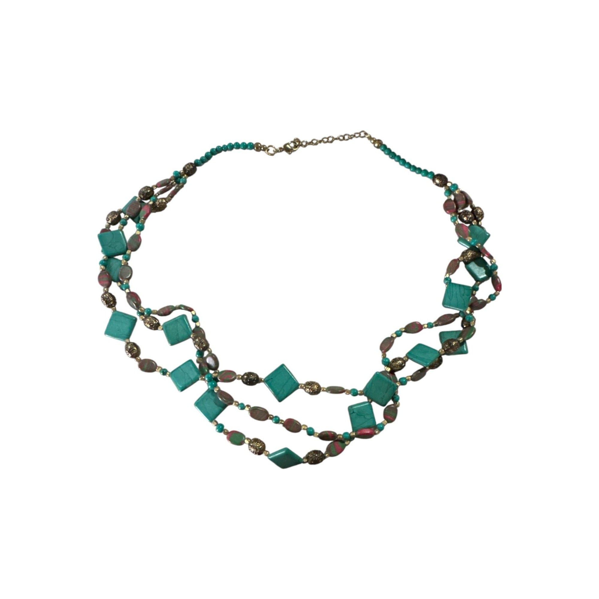 Multi-Strand Turquoise Pink Marbled Beaded Necklace, Gold Tone Accents, Boho Statement Layered Jewelry