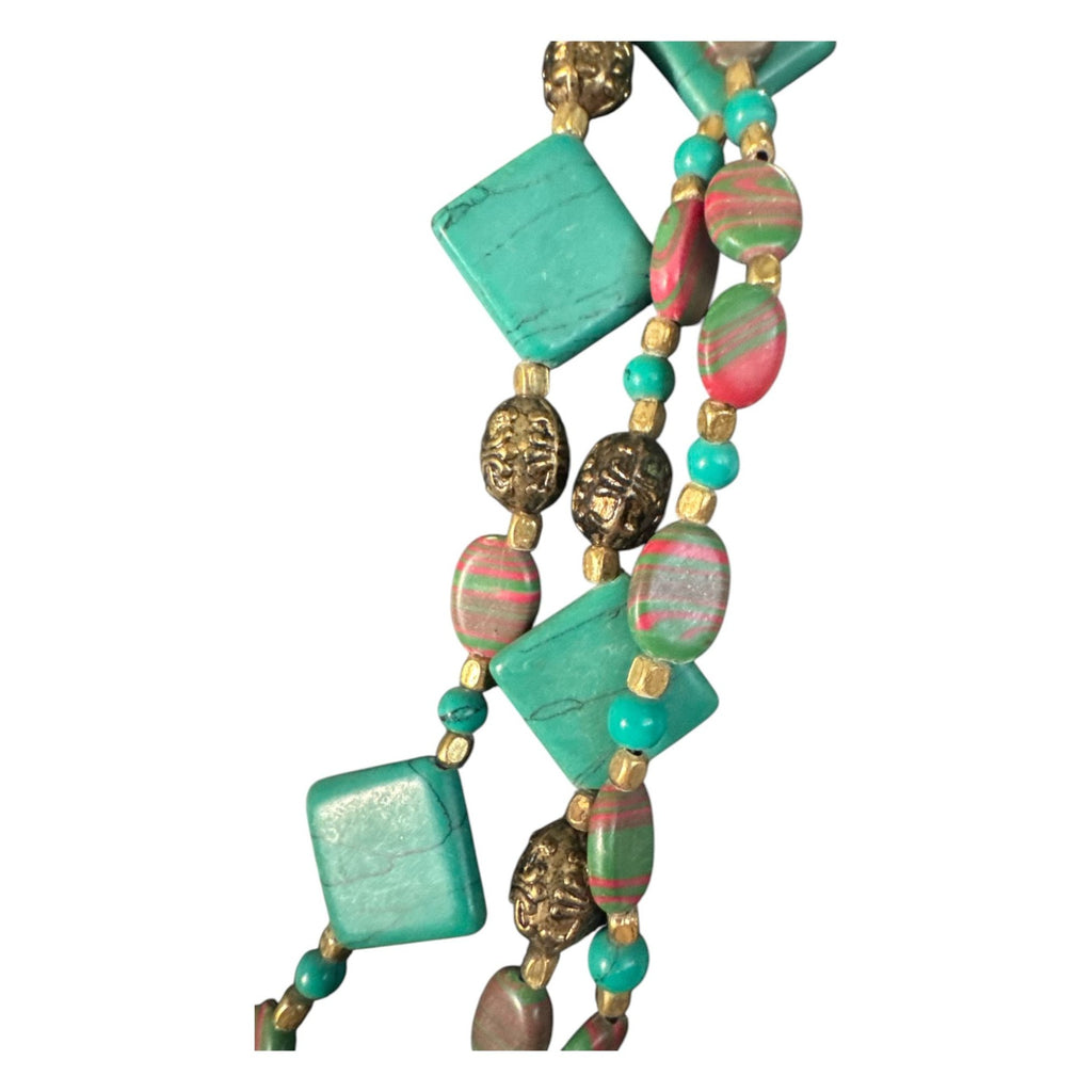 Multi-Strand Turquoise Pink Marbled Beaded Necklace, Gold Tone Accents, Boho Statement Layered Jewelry
