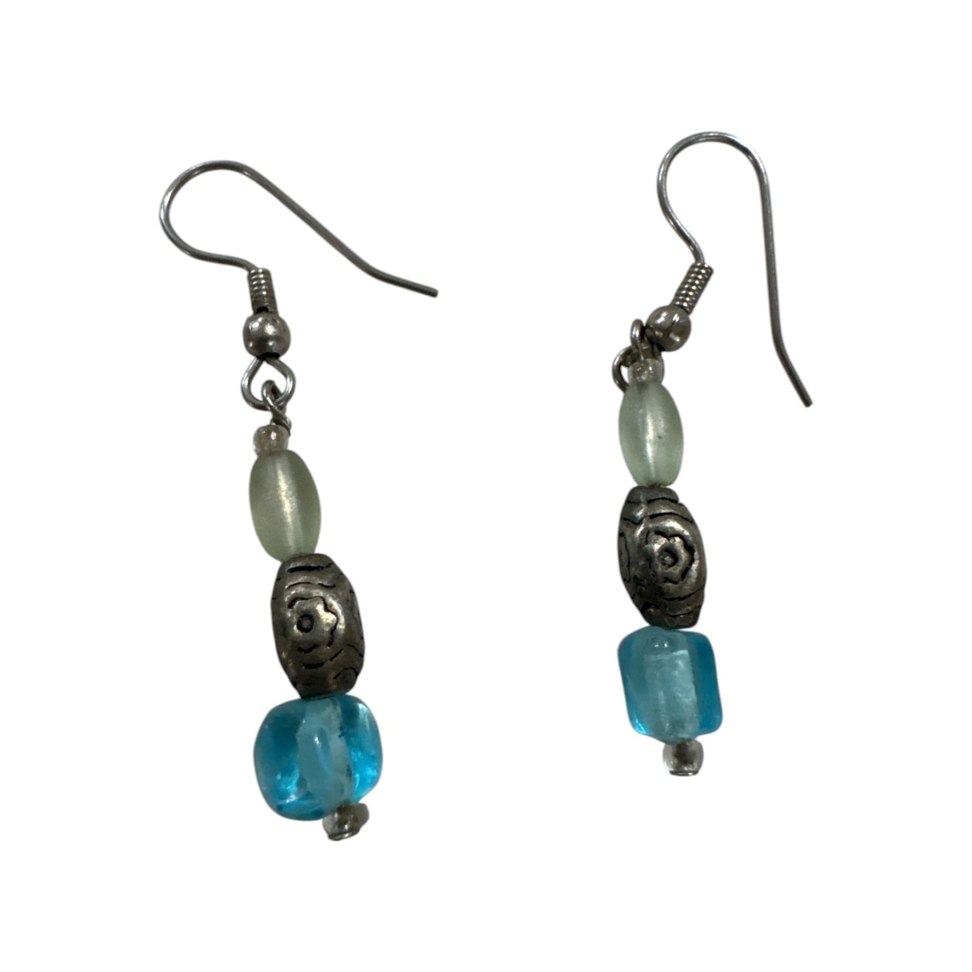 Handmade Blue & Silver Beaded Dangle Earrings With Hook Closure