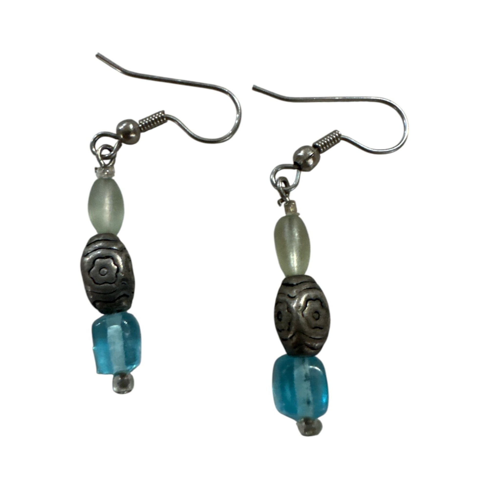 Handmade Blue & Silver Beaded Dangle Earrings With Hook Closure