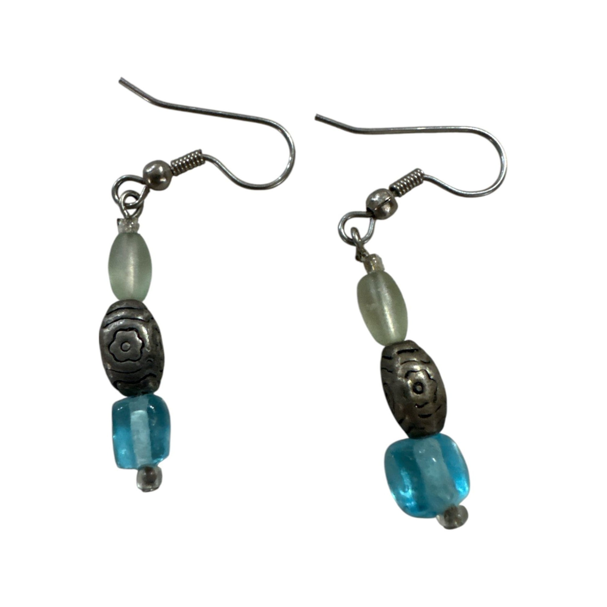 Handmade Blue & Silver Beaded Dangle Earrings With Hook Closure