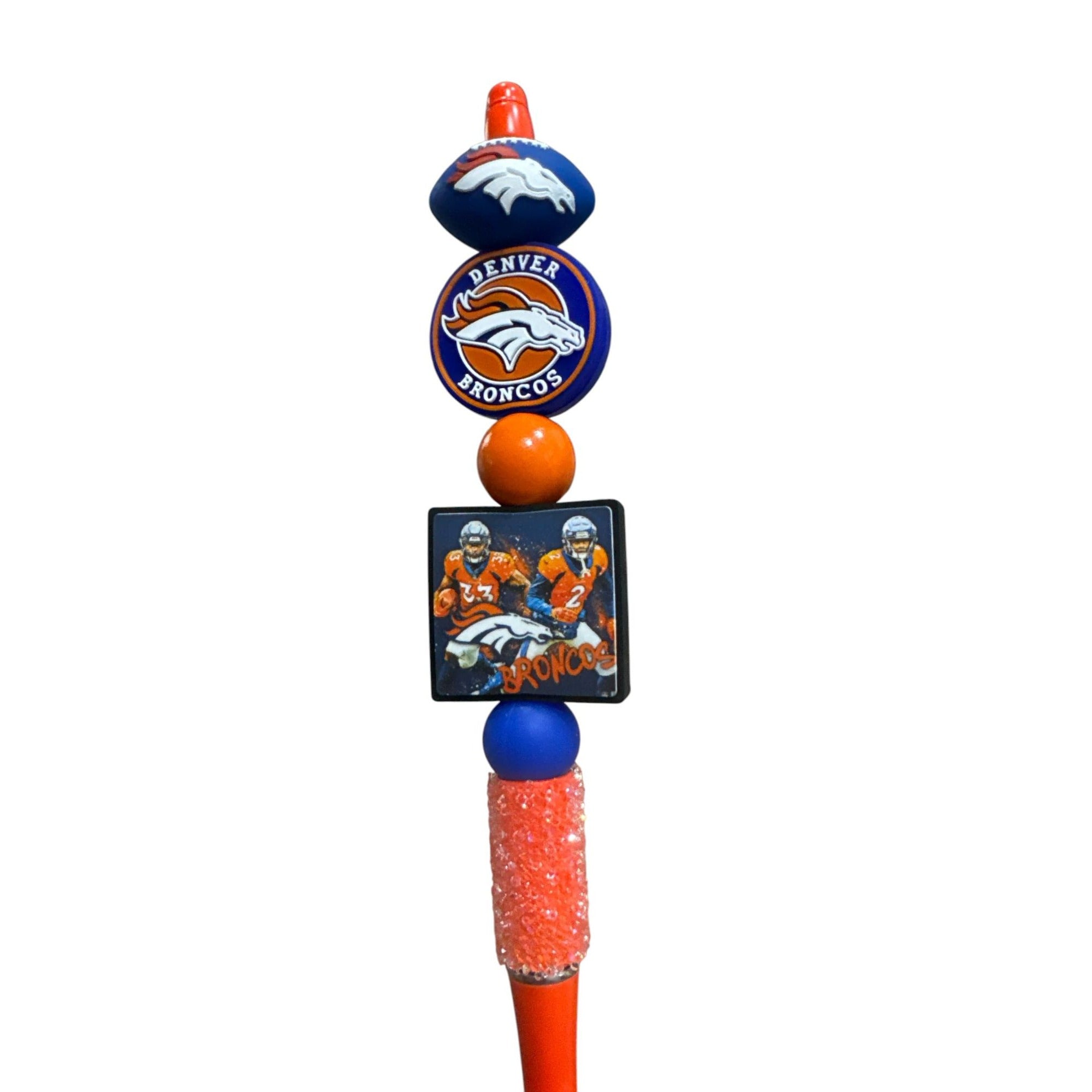 Denver Broncos Themed Glitter Grip Pen With Football Logo & Player Figurines - Fun NFL Writing Accessory