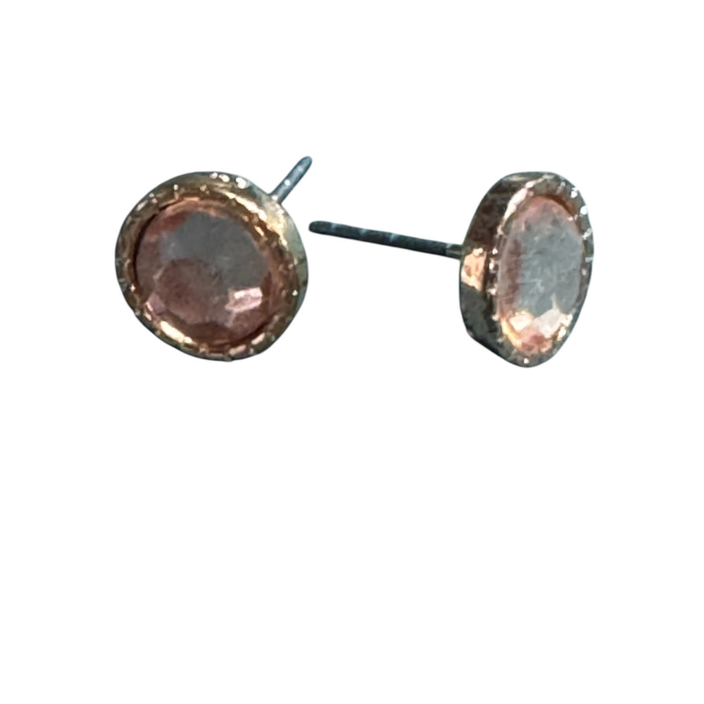 Rose Gold-Tone Stud Earrings With Faceted Center Stone & Textured Rim Elegant Design