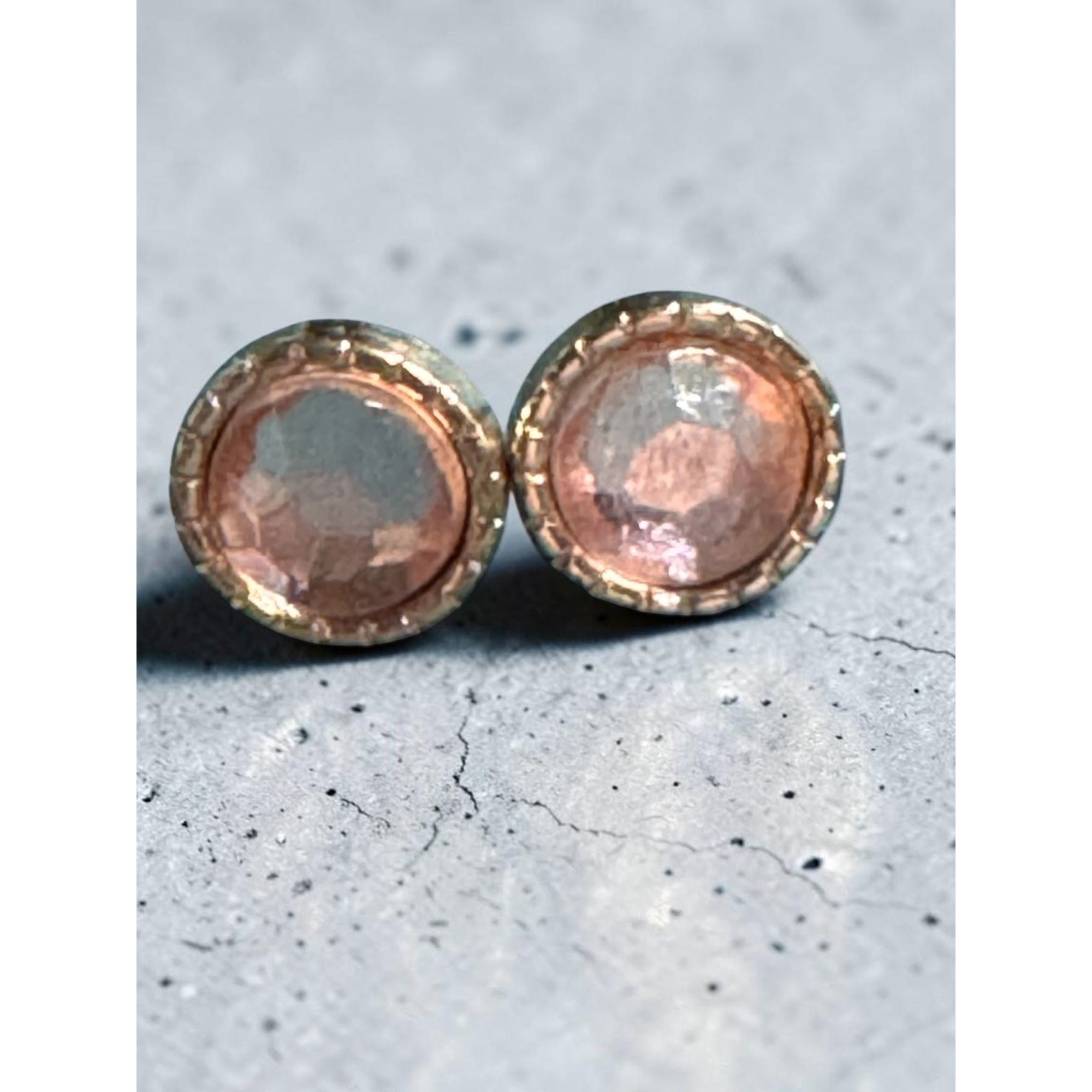 Rose Gold-Tone Stud Earrings With Faceted Center Stone & Textured Rim Elegant Design