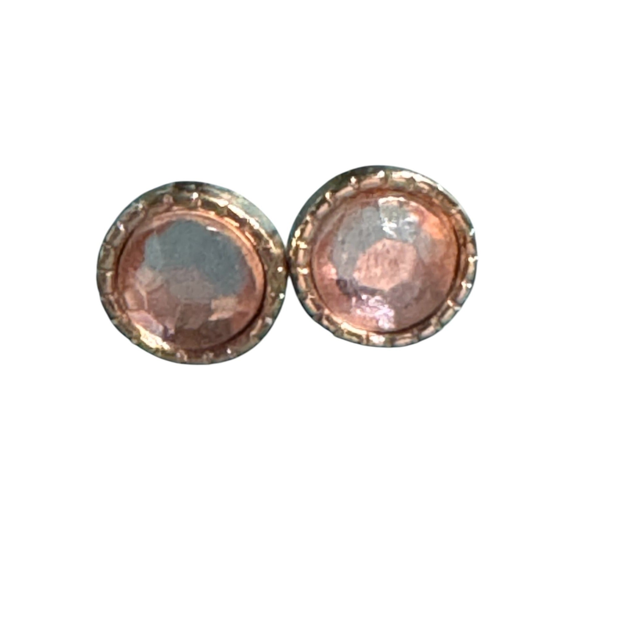Rose Gold-Tone Stud Earrings With Faceted Center Stone & Textured Rim Elegant Design