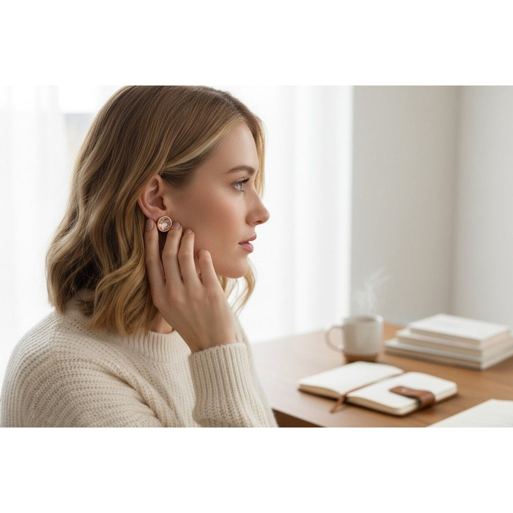 Rose Gold-Tone Stud Earrings With Faceted Center Stone & Textured Rim Elegant Design
