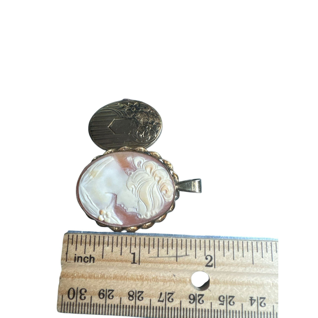 Vintage Van Dell 12k Gold-Filled Shell Cameo Locket Pendant With Hand-Carved Lady Profile Oval Design
