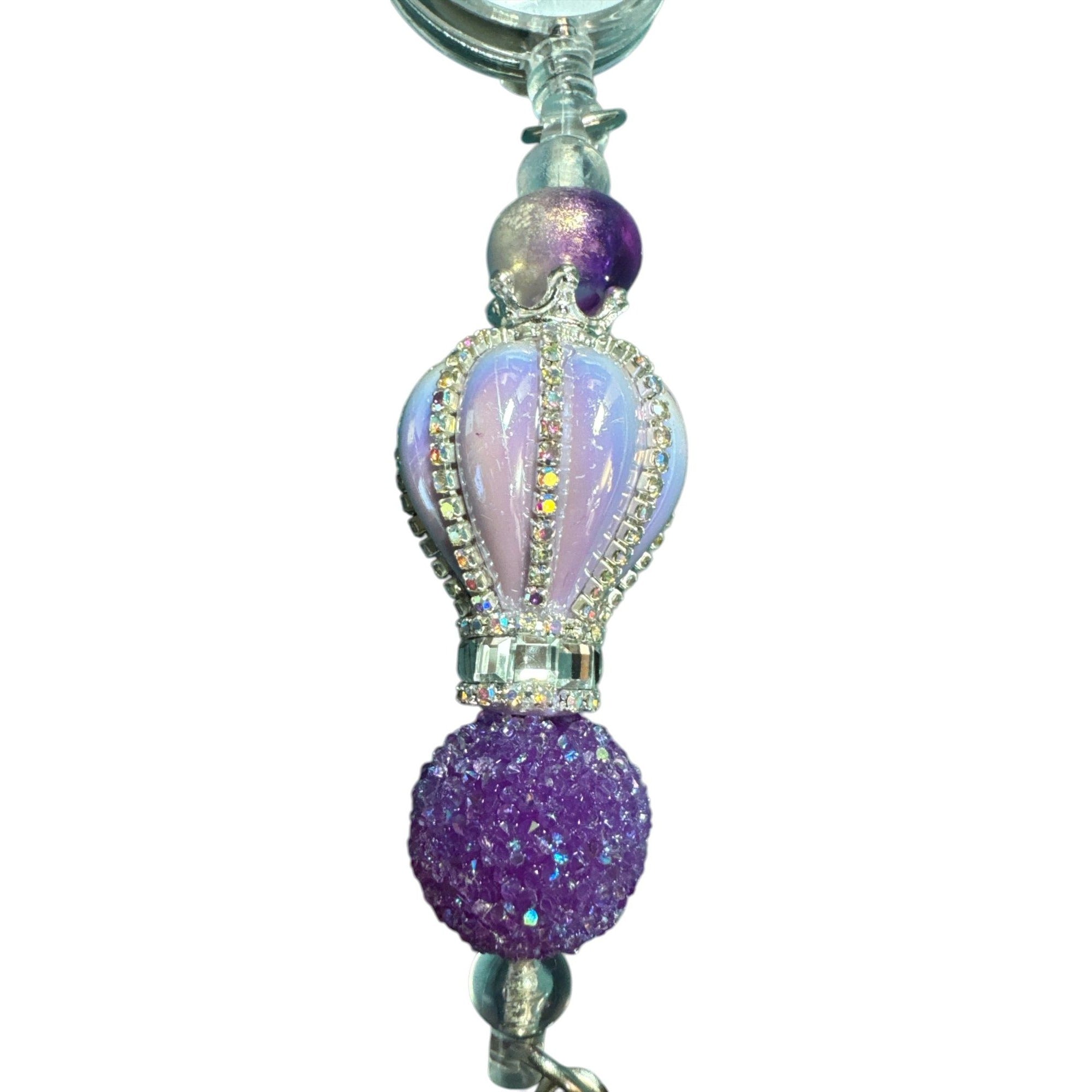 Royal Purple & Rhinestone ID lanyard Badge Reel with Crown Pendant Retractable Clip Beaded Lanyard for Nurses & Professionals