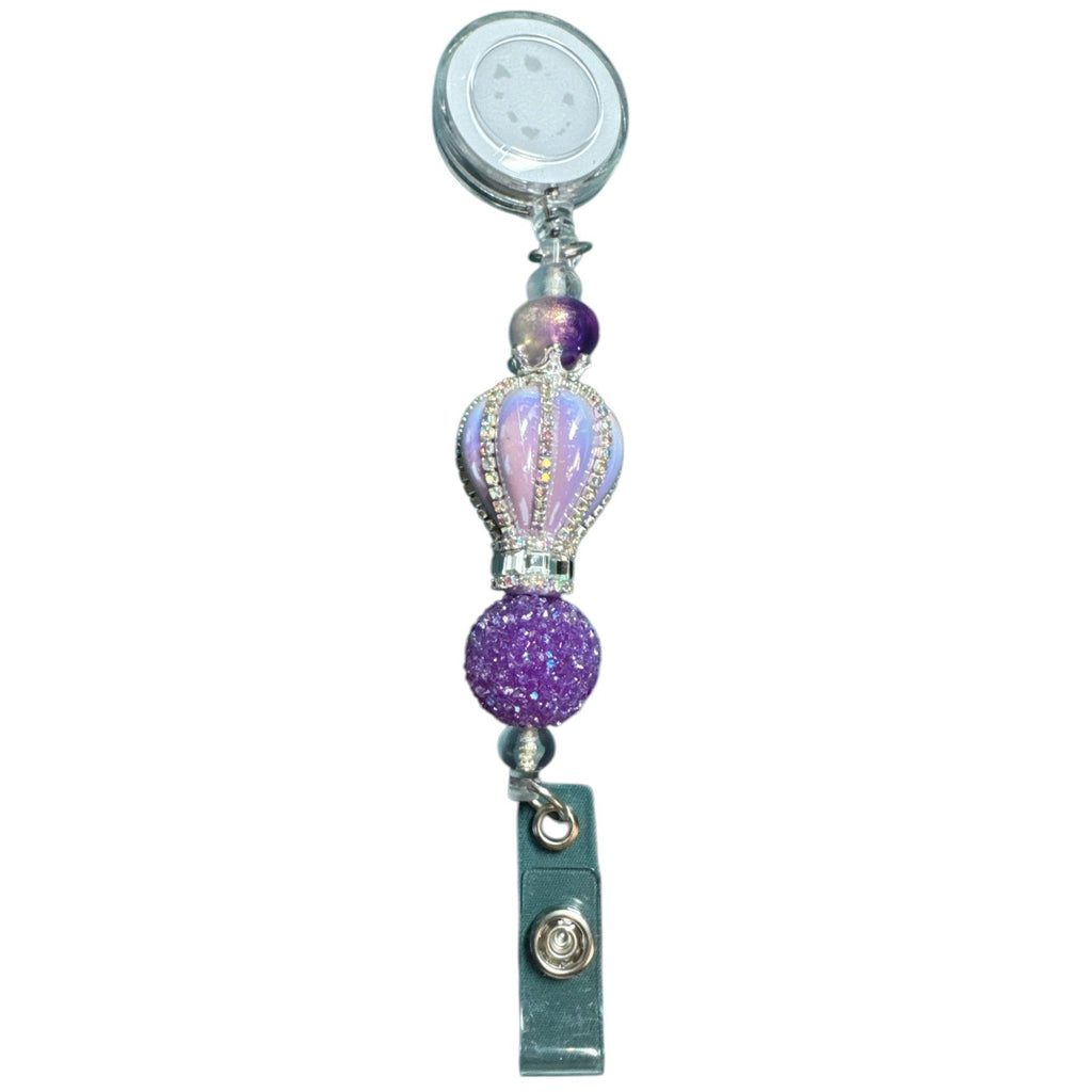 Royal Purple & Rhinestone ID lanyard Badge Reel with Crown Pendant Retractable Clip Beaded Lanyard for Nurses & Professionals