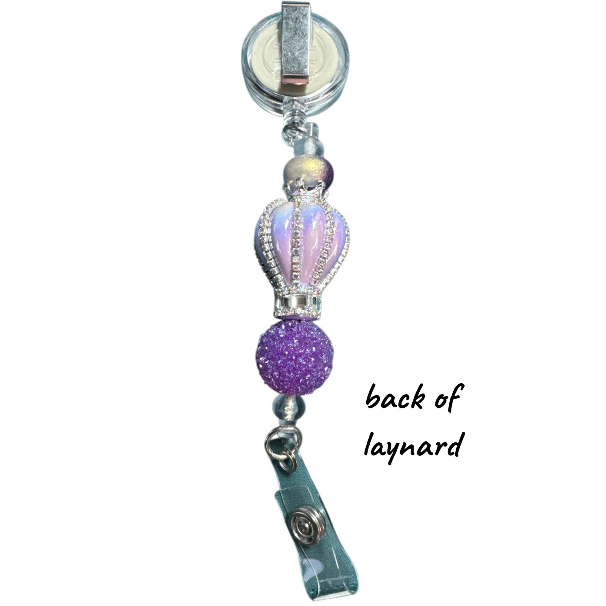 Royal Purple & Rhinestone ID lanyard Badge Reel with Crown Pendant Retractable Clip Beaded Lanyard for Nurses & Professionals