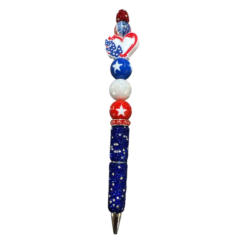 Happy 250th Birthday America Patriotic Red White & Blue Beaded Pen With Glitter Handle & Star Accents
