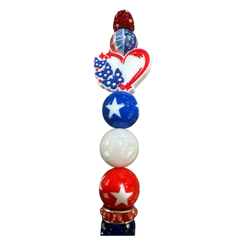 Happy 250th Birthday America Patriotic Red White & Blue Beaded Pen With Glitter Handle & Star Accents