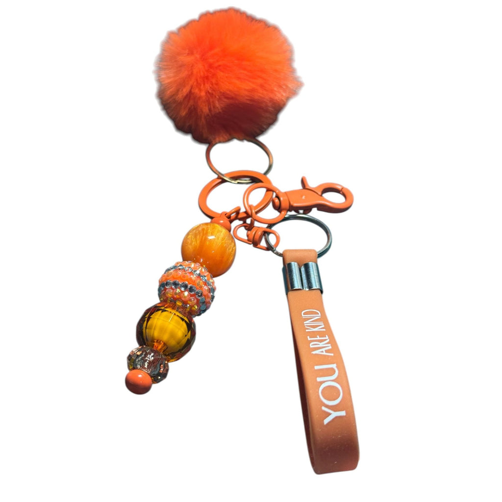 Orange Pom Keychain With Beads "You Are Kind" Strap And Faux Fur Charm Stylish Bag Charm Or Accessory