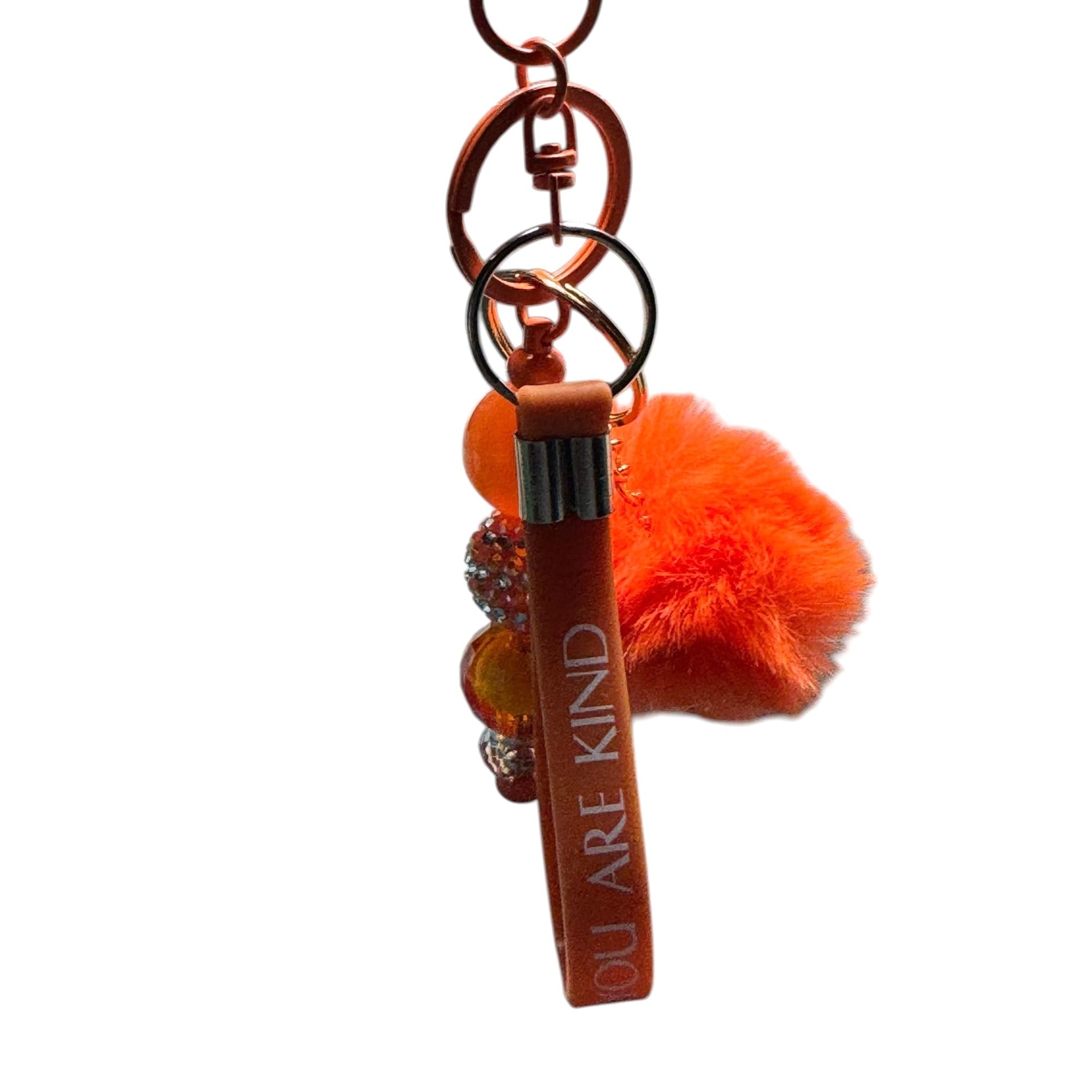 Orange Pom Keychain With Beads "You Are Kind" Strap And Faux Fur Charm Stylish Bag Charm Or Accessory