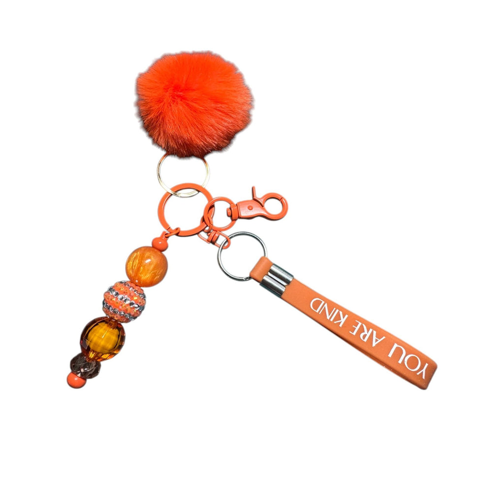 Orange Pom Keychain With Beads "You Are Kind" Strap And Faux Fur Charm Stylish Bag Charm Or Accessory