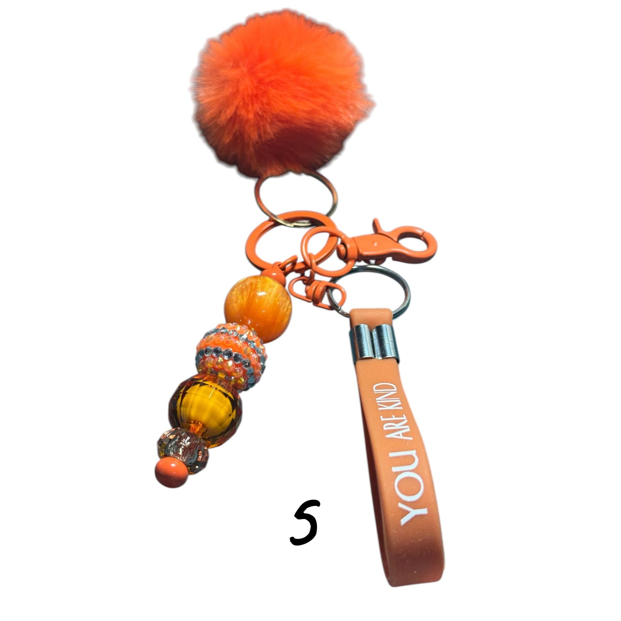 Orange Pom Keychain With Beads "You Are Kind" Strap And Faux Fur Charm Stylish Bag Charm Or Accessory