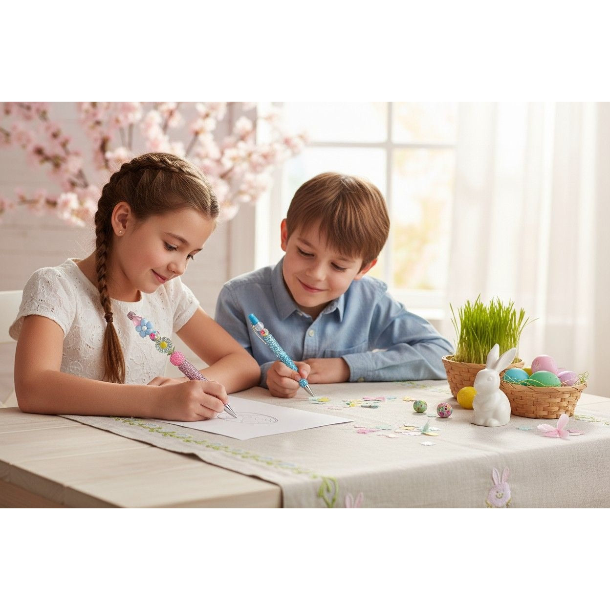 Decorative Glitter Pen With Floral Bead Accents - Pink & Multi-Color Ideal For Kids Crafting & Writing