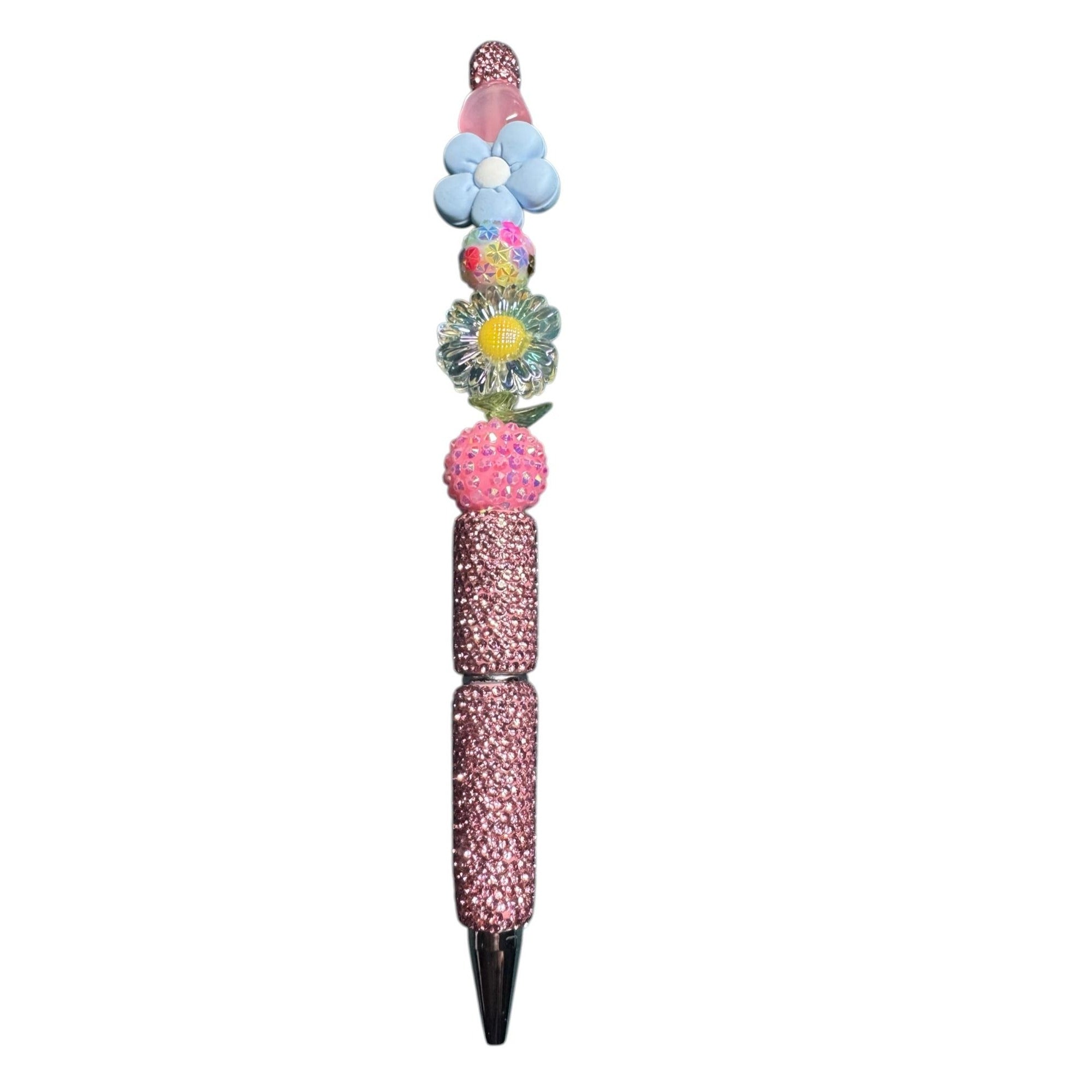 Decorative Glitter Pen With Floral Bead Accents - Pink & Multi-Color Ideal For Kids Crafting & Writing