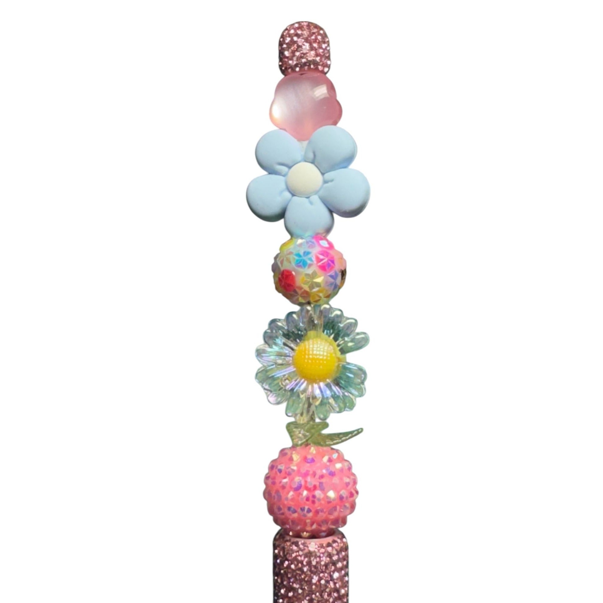 Decorative Glitter Pen With Floral Bead Accents - Pink & Multi-Color Ideal For Kids Crafting & Writing