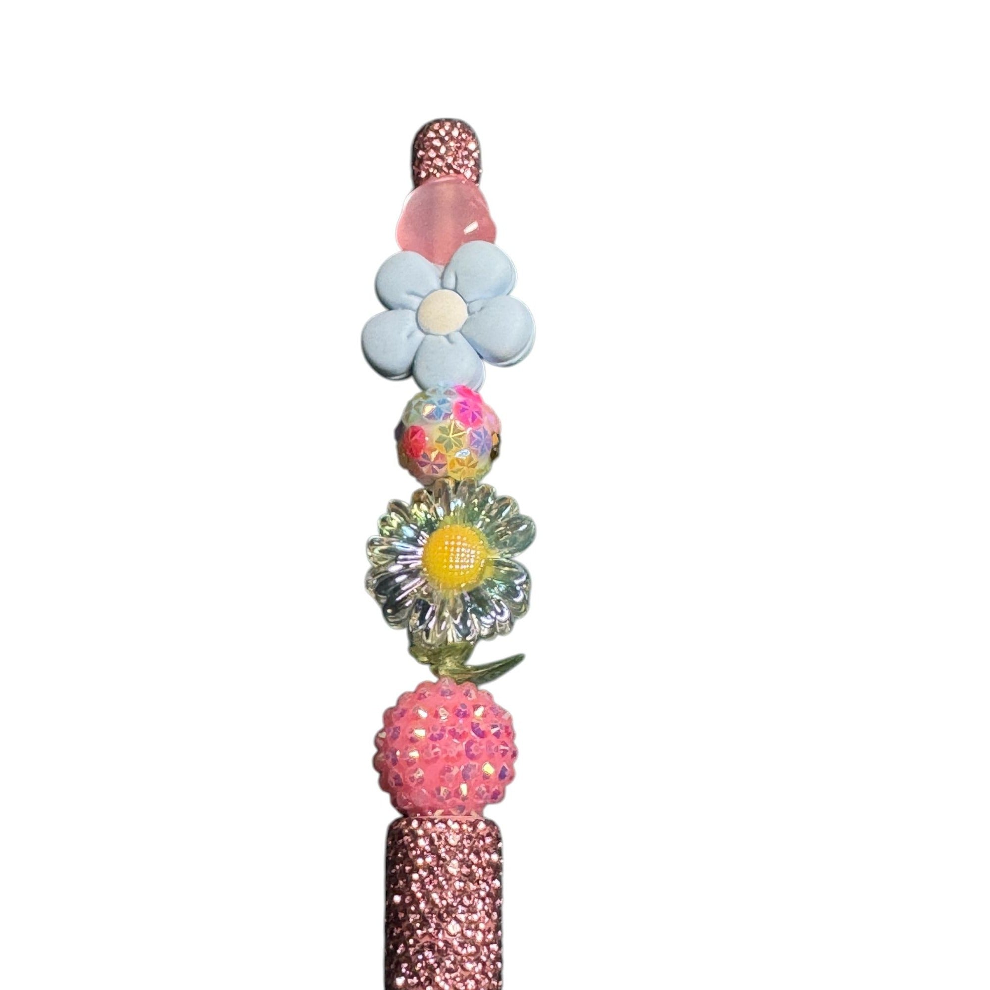 Decorative Glitter Pen With Floral Bead Accents - Pink & Multi-Color Ideal For Kids Crafting & Writing