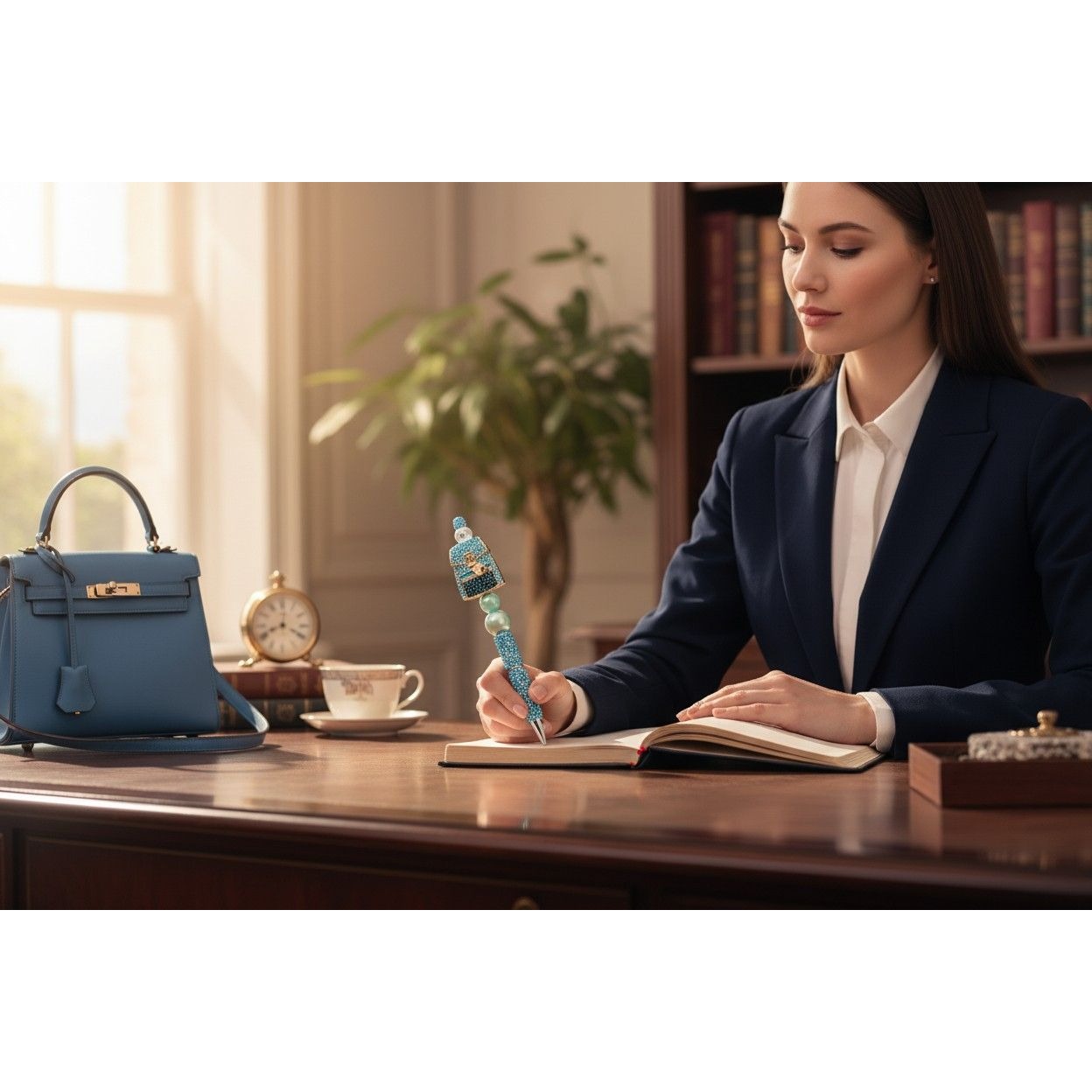 Luxury Turquoise Crystal Beaded Pen With Handbag Design & Decorative Accents