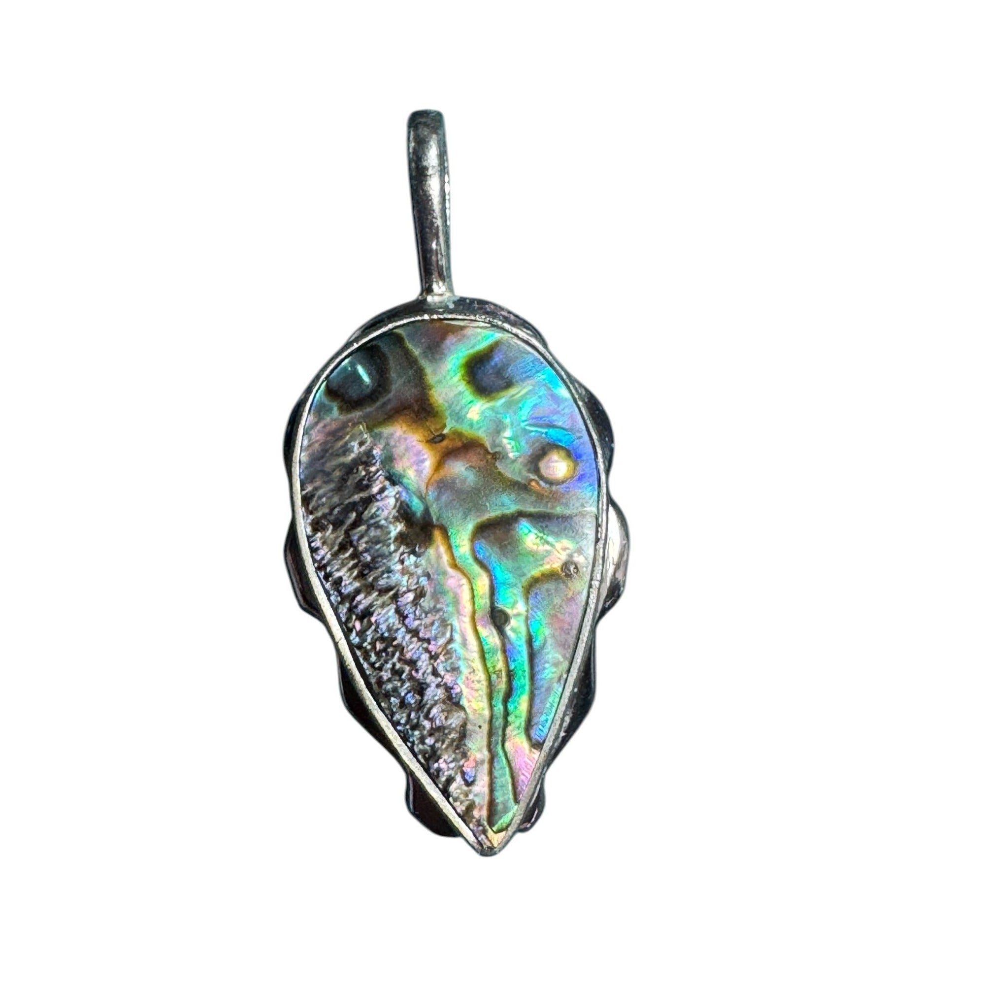 925 Sterling Silver Abalone Shell Pendant – Teardrop Oval, Iridescent Rainbow Colors, 1.5”