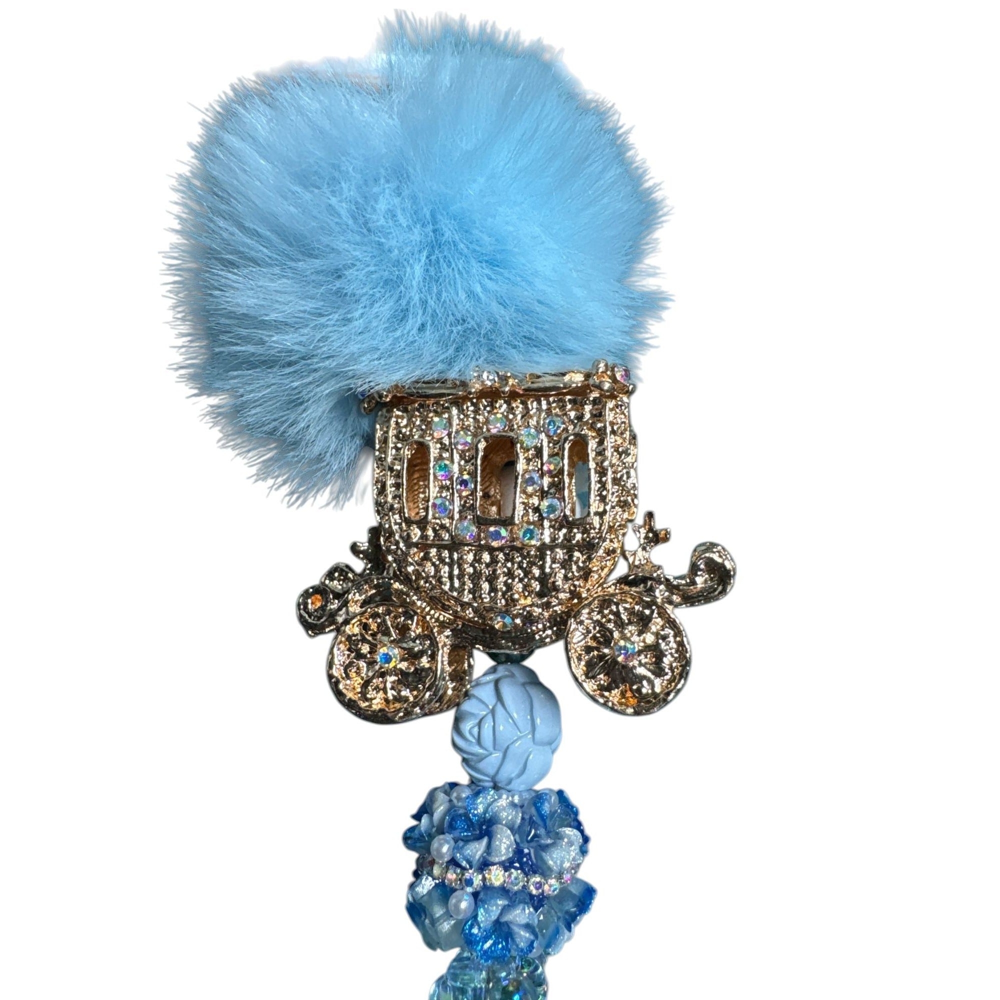 Blue Carriage Pom Pom Beaded Pen Cinderella Style Glitter Cute Novelty Stationery