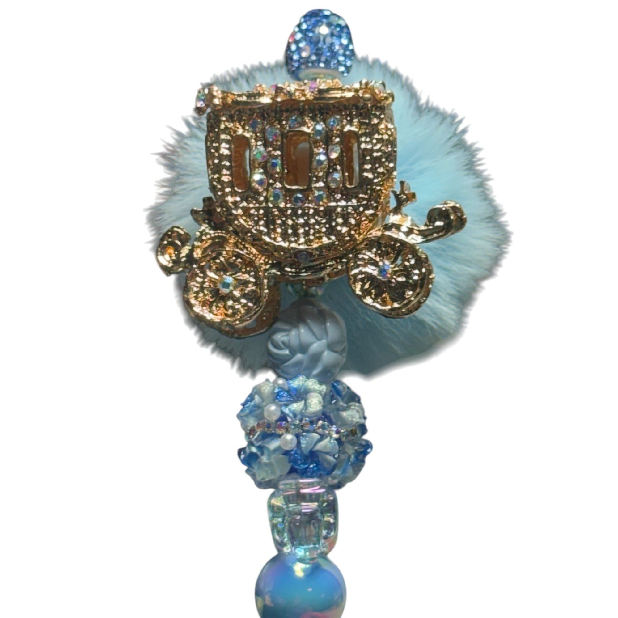 Blue Carriage Pom Pom Beaded Pen Cinderella Style Glitter Cute Novelty Stationery